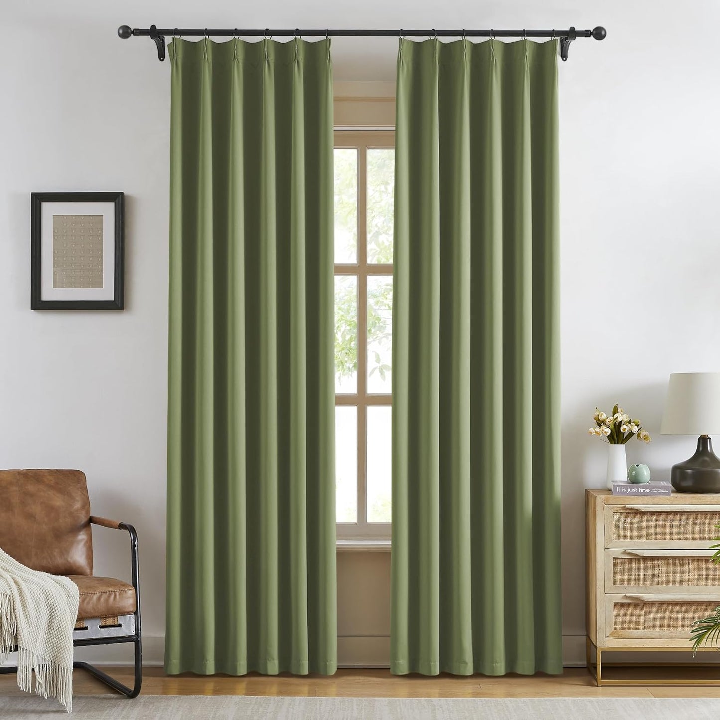 KangBang Sage Green 90 Inch Blackout Pleated Curtains 2 Panels Set-Pinch Pleat Thermal Insulated Black Out Drapes for Bedroom Light Blocking Window Covering Darkening Drapes for Living Room, 40Wx90L