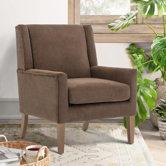 COLAMY Modern Wingback Living Room Chair, Upholstered Fabric Accent Armchair, Single Sofa Chair with Lounge Seat and Wood Legs for Bedroom/Office/Reading Spaces, Brown