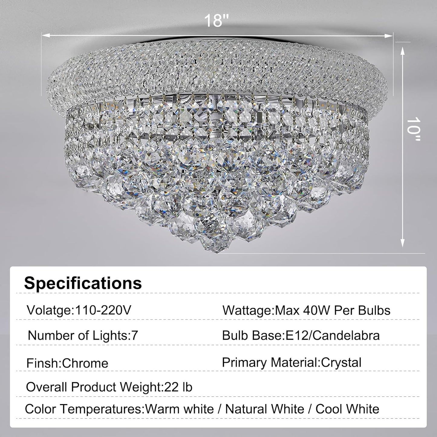 7-Light Crystal Flush Mount Chandelier Ceiling Light Fixture for Living Room Dining Room Bedroom Foyer Entryway Hallway Closet Bathroom (Chrome D18)