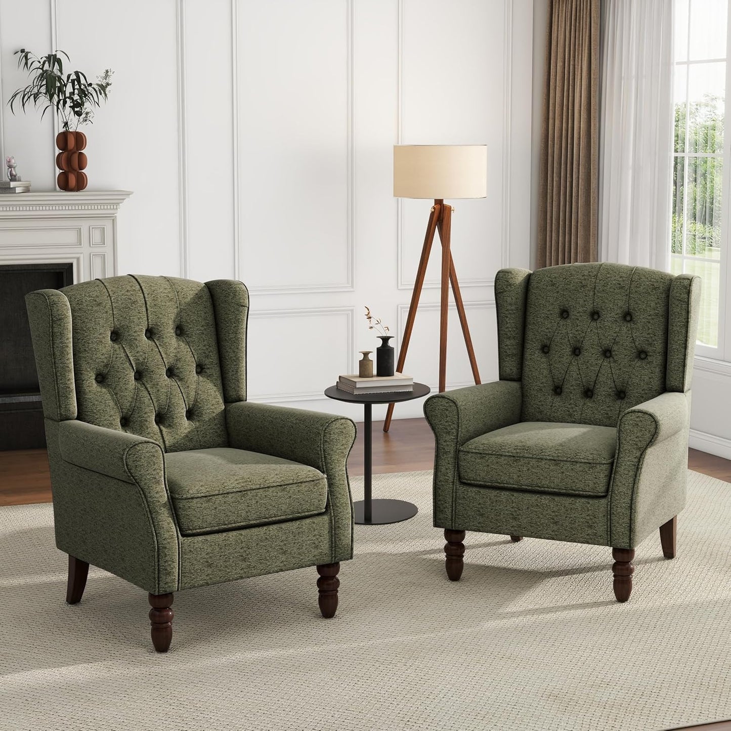 UIXE High Back Accent Chair, Upholstered Armchair in Fabric for Living Room, Retro Wingback Arm Chair Comfy Single Sofa Bedroom Reading Seat with Solid Wood Legs - Green