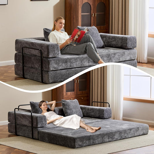 Convertible Sleeper Sofa Bed, Compression Folding Sofa with Pillow, No Assembly Required, Shape Frame, Floor Sofas Lounge Couch for Living Room, Bedroom, Small Spaces(Chenille, 77''W, Dark Grey)