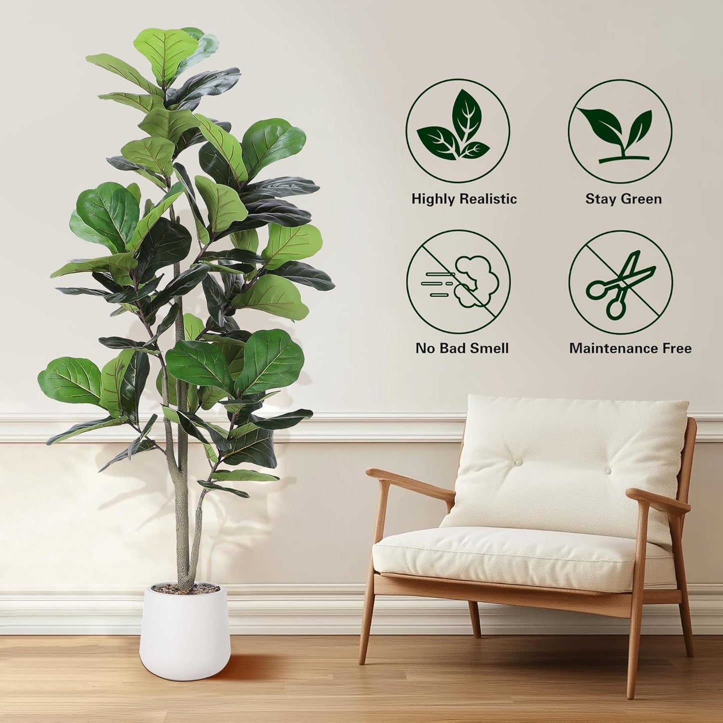 Artificial Fiddle Leaf Tree, 5ft Faux Plant Fake Ficus Lyrata Silk Trees with White Planter, Artificial Fig Trees Floor Plants for House Office Living Room Indoor Home Decor, Housewarming Gift