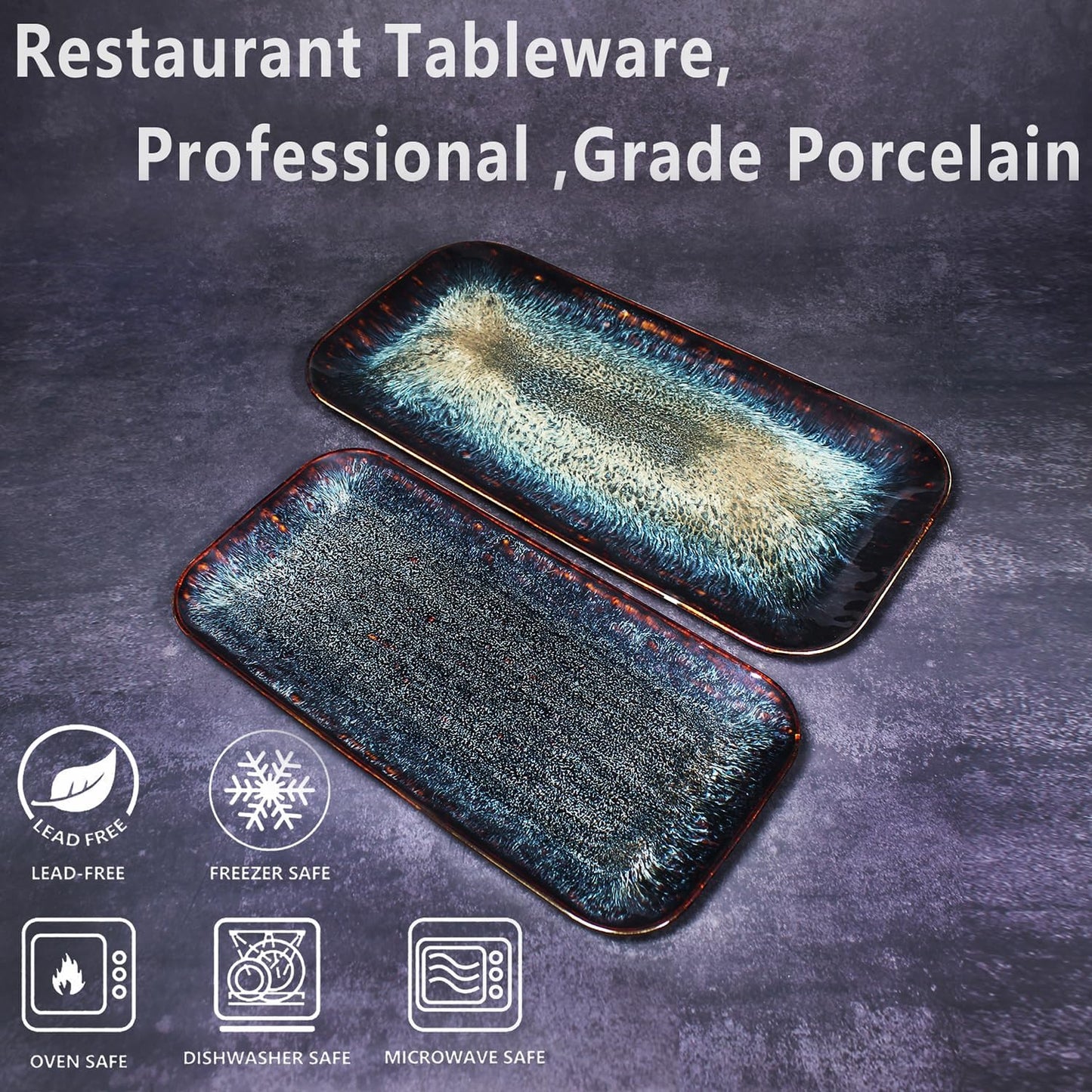 Porcelain Dinner Plates Platters Set of 2, for Fruit, dessert, snack platter, Bread, cupcake, Salad - Microwave, Dishwasher Safe, Scratch Resistant durable, Black Reactive glaze