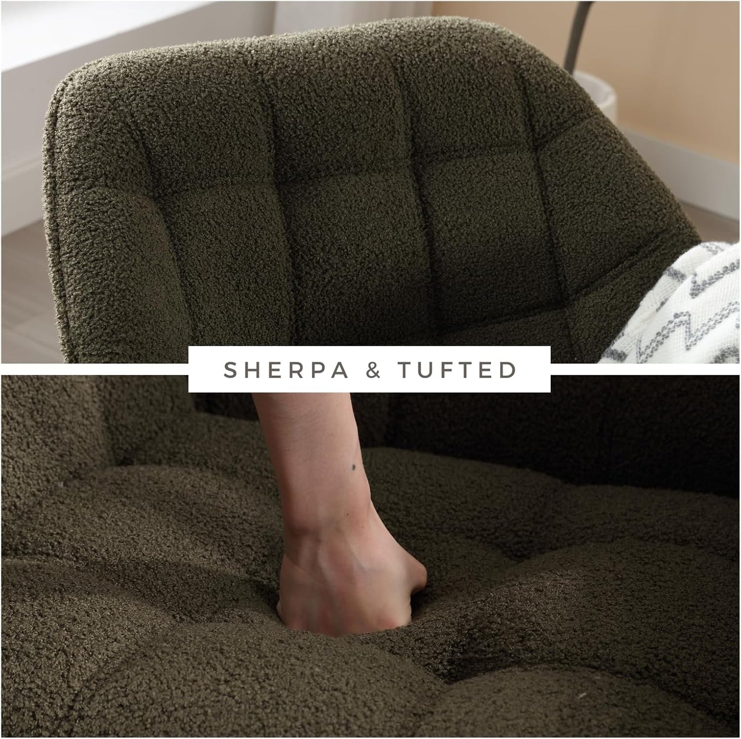 Modern Sherpa Accent Chair with Ottoman Set of 2, Fluffy Upholstered Lounge Chair with Footrest, Comfy Living Room Side Boucle Armchair for Small Space Bedroom, Green