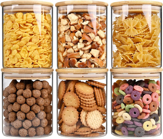 25oz Glass Food Storage Jars, Glass Jars with Bamboo Lids, Kitchen Storage Jars, Set of 6, Canisters with Airtight Lids for Spice, Coffee, Cookie, Pantry Organizers