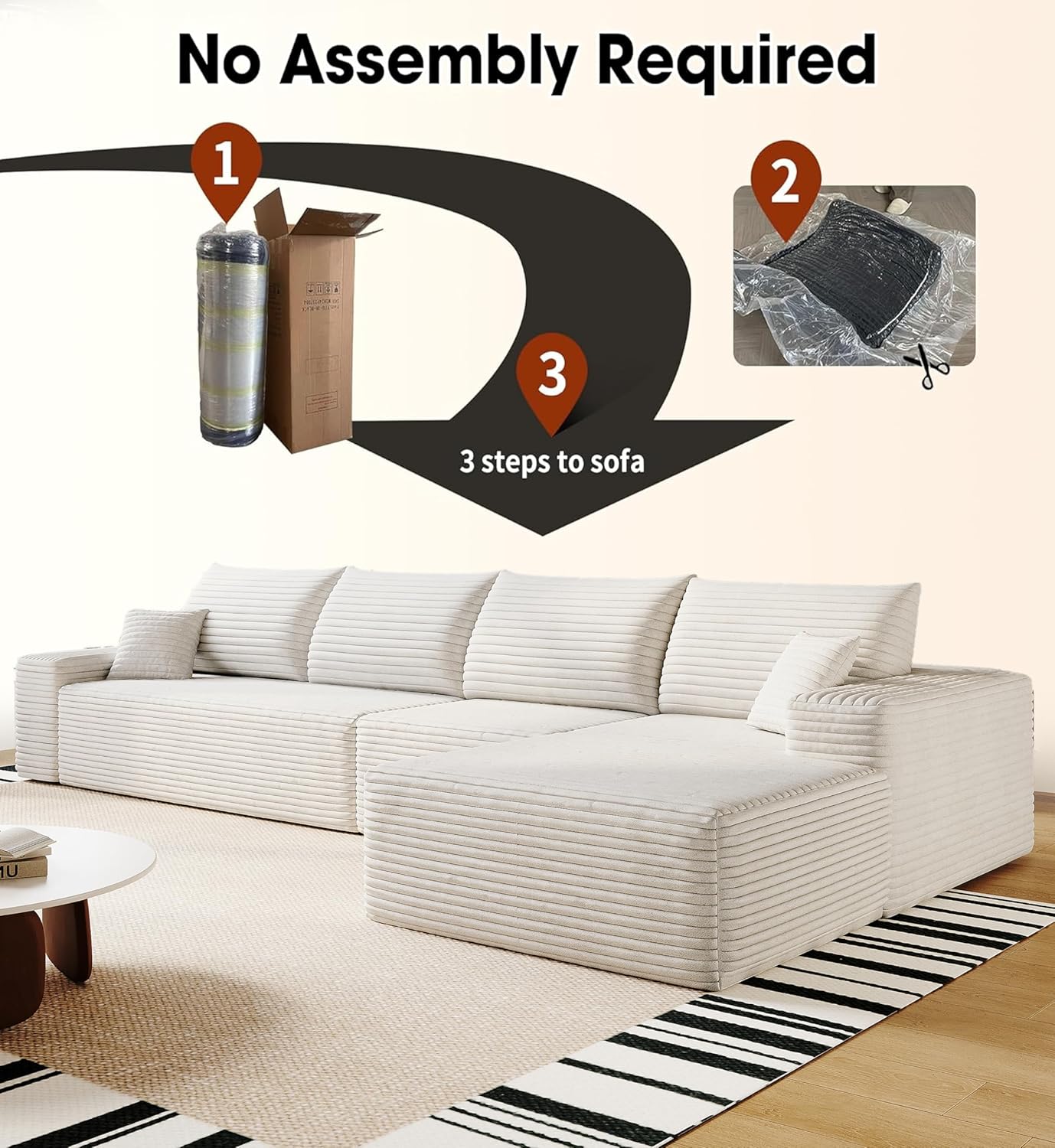 136" Sectional Couches for Living Room Modern Modular Sofa with L-Shape Couchs Upholstered Boneless Couch Deep Seat Sectional Couch with Chaise (White, Right Facing Chaise+3Seaters)