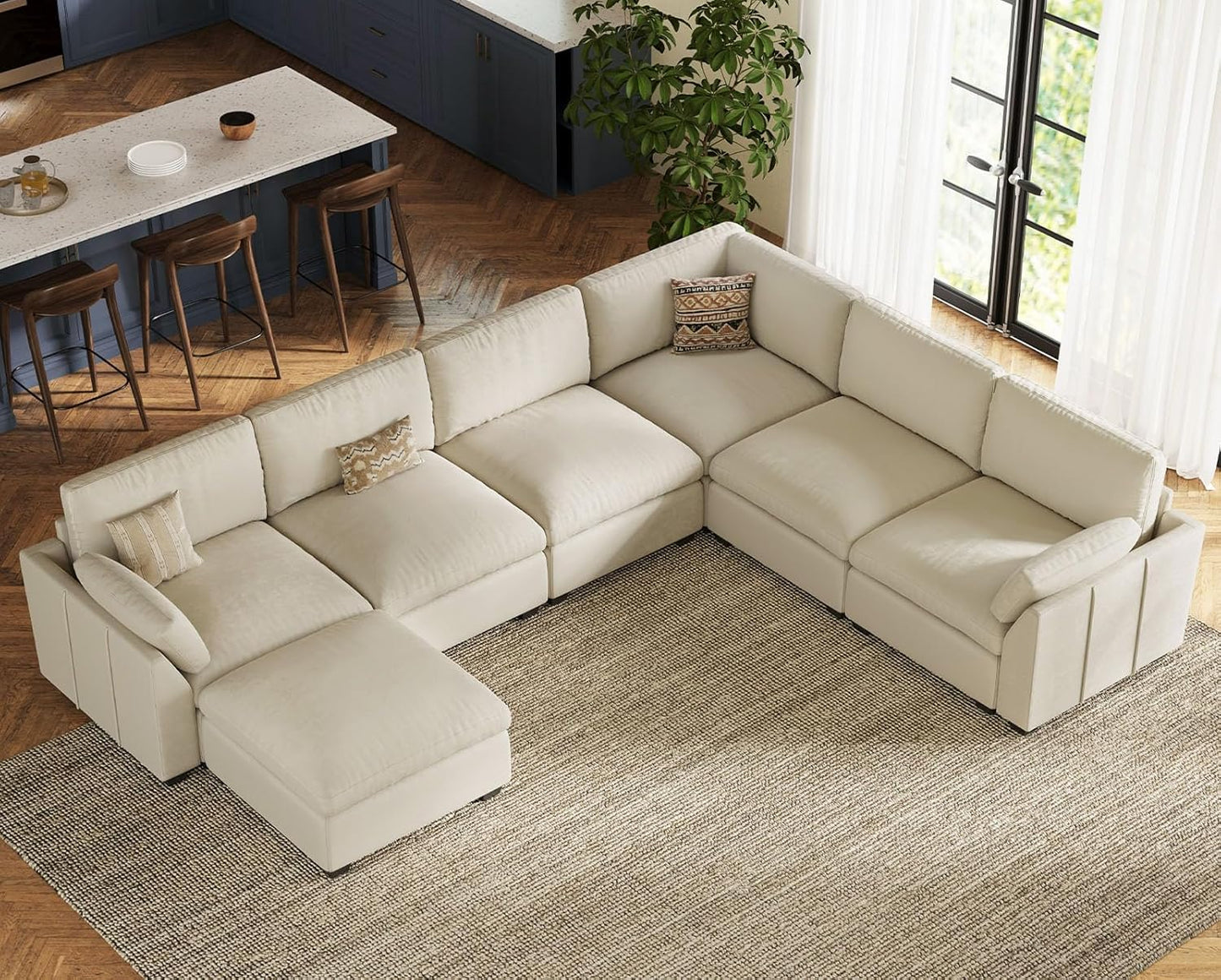 Belffin Oversized Sectional Couch,137.8" 7-Seater U Shaped Modular Sectional Sofa with Ottoman,Convertible Velvet Couches for Living Room,Beige Couch