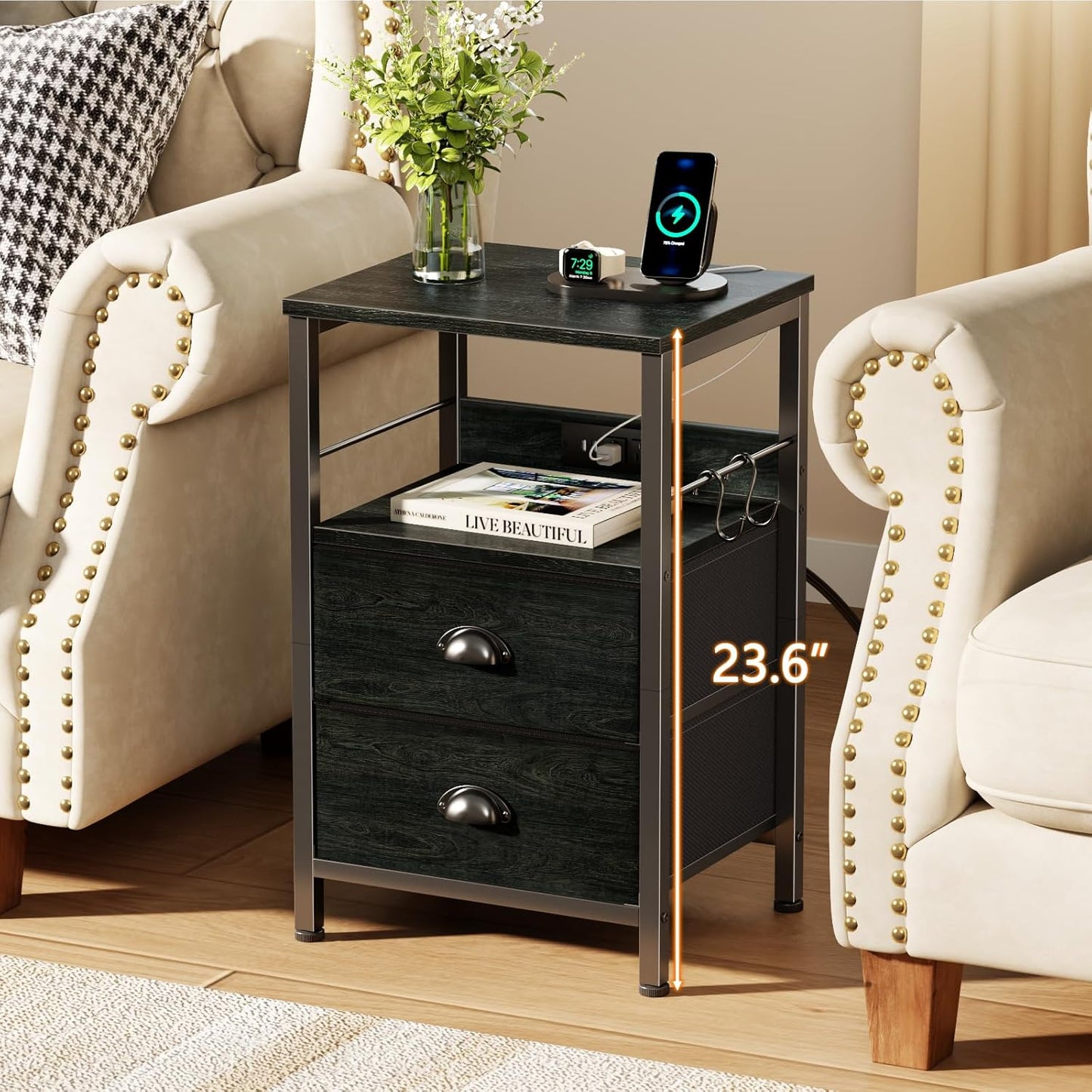 Furologee Nightstand Set of 2, Black Oak, with Charging Station and USB Ports, Side Tables with 2 Fabric Drawers, Bedside Tables with Storage Shelf & Hooks, for Living Room/Bedroom