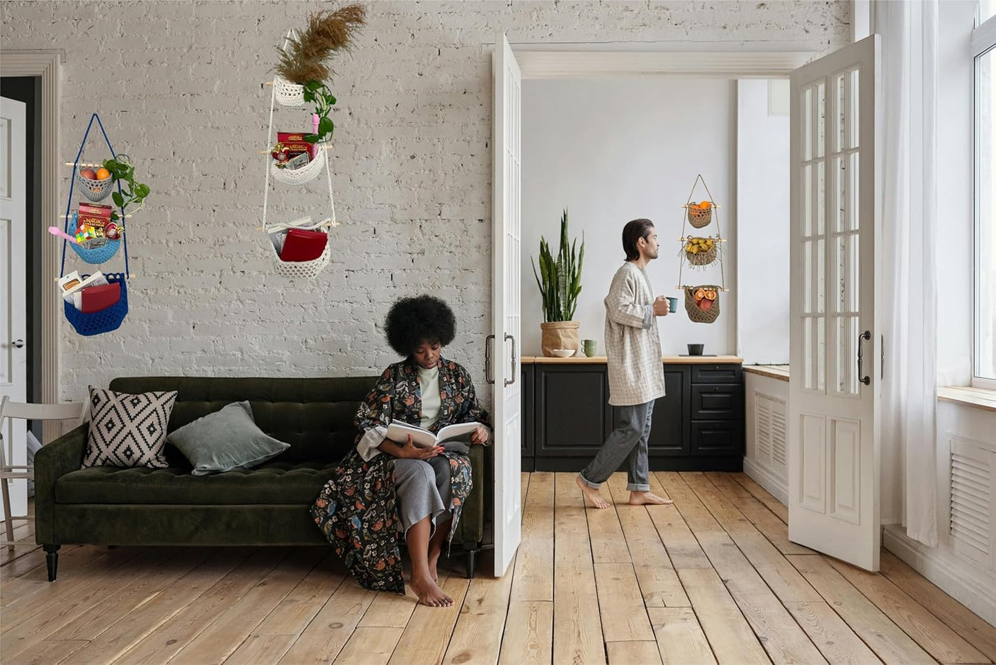 Hanging Fruit Basket, 3 Tier Cotton Macrame Produce Basket for Kitchen, Indoor Planter Hangers.