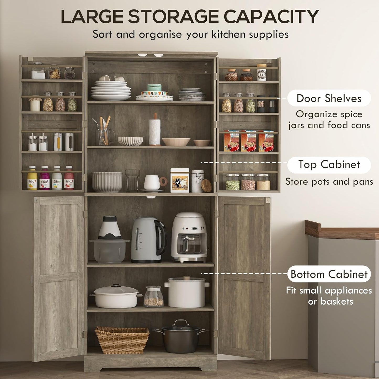 HOMCOM 72" Farmhouse Kitchen Pantry Cabinet, Freestanding Tall Storage Cabinet with 4 Barn Doors, 4 Adjustable Shelves and 8 Door Shelves, Gray Wash