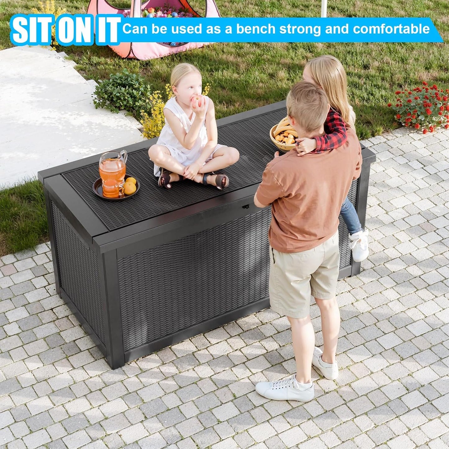 260 Gallon Large Resin Deck Box, Lockable Outdoor Storage Box for Patio Cushions Storage Furniture,Garden Tools, Pool Supplies, Weatherproof and UV Resistant-Black Rattan (260 Gallon)
