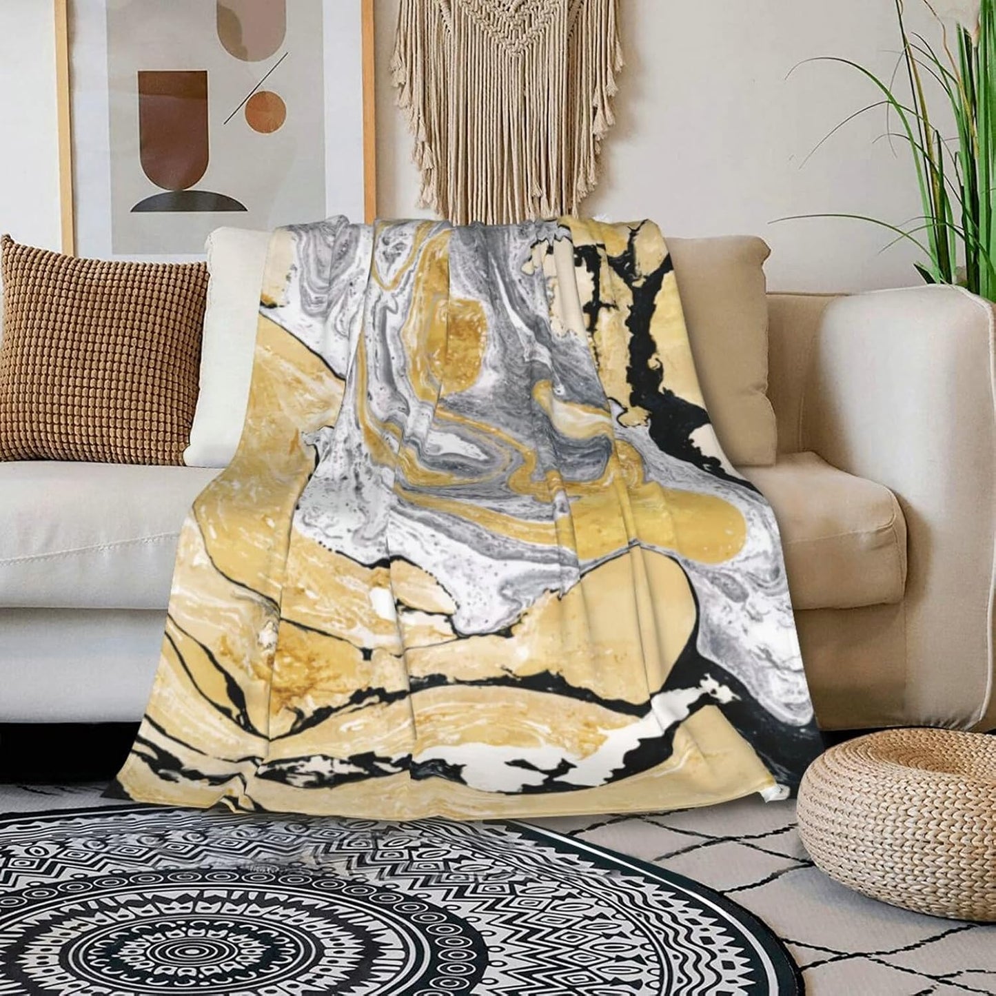 HGOD DESIGNS Gold Golden and Silver Marble Ink Abstract Painting Flannel Fleece Bed Blanket Throw Blanket Lightweight Cozy Plush Blanket for Bedroom Living Rooms Sofa Couch 50"x60"