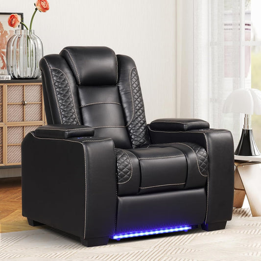 ANJ Power Recliner Home Theater Seating, Electric Recliner Chair with Adjustable Headrest,PU Leather Dual Motor Movie Reclining Chairs with Cup Holders LED Lights,USB Port,Hidden Arm Storage (Black)