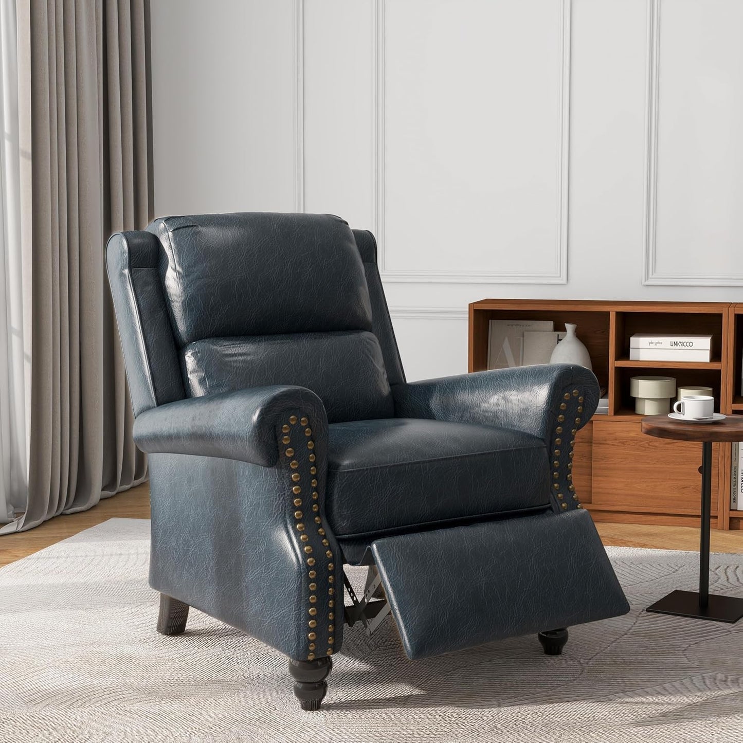 UIXE Faux Leather Recliner Chairs Set of 2, Pushback Armchair Overstuffed Accent Chair for Living Room, Rivet Trim Club Chair Home Theater Bedroom Reading Seat - Navy Blue