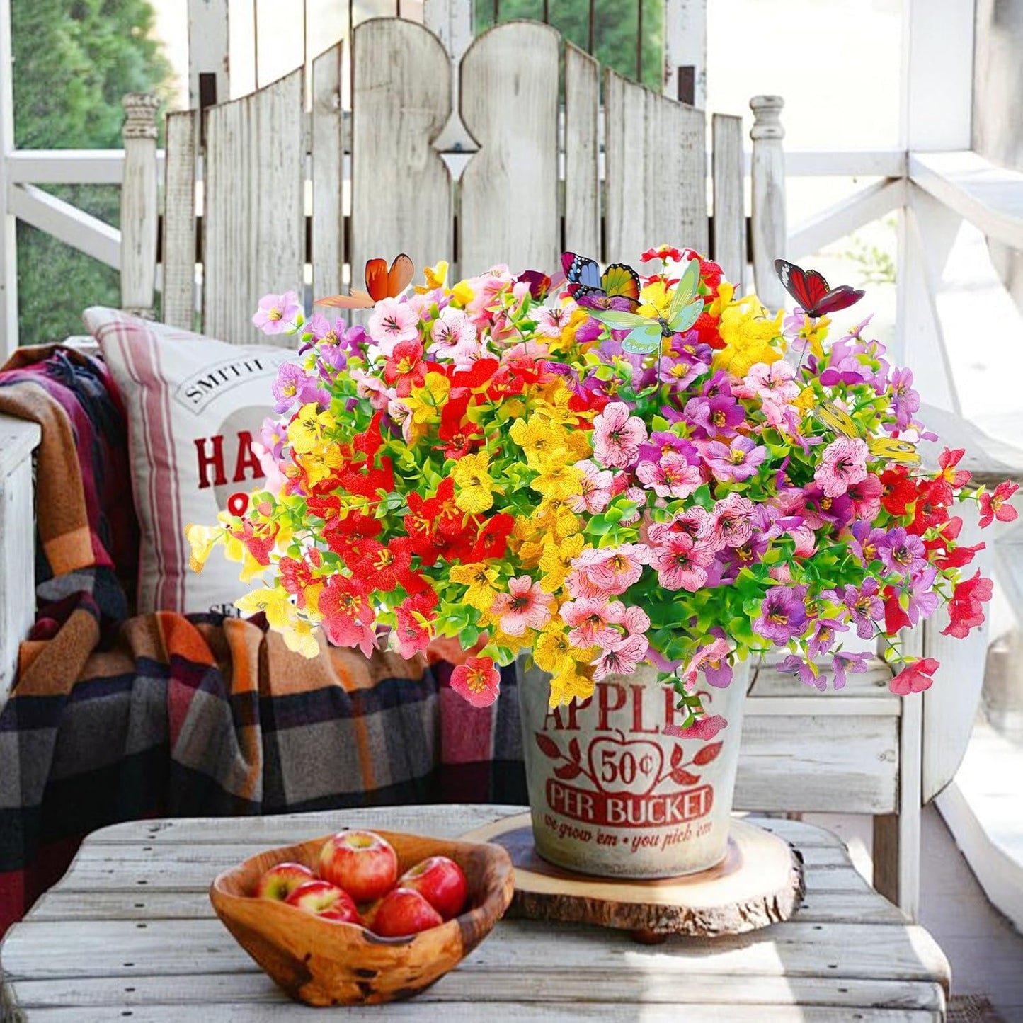 ‌20 Bundles Artificial Flowers for Outdoors‌ with 6 Faux Butterflies, UV Resistant ‌Fake Flowers‌ with Eucalyptus Leaves, ‌Artificial Plants Outdoor‌ for Patio Garden Porch Home Decor (Mix 4 Colors)