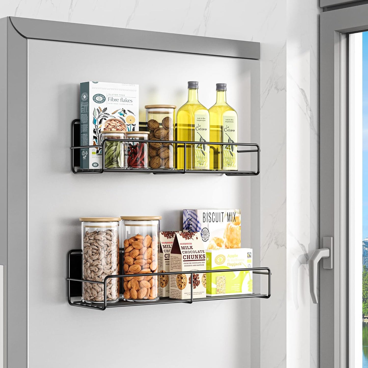 2 Pack Magnetic Spice Rack Organizer, Space Saver for Refrigerator and Microwave Oven, Magnetical Fridge Shelf for Jars, Seaoning, tins and Utensils Black