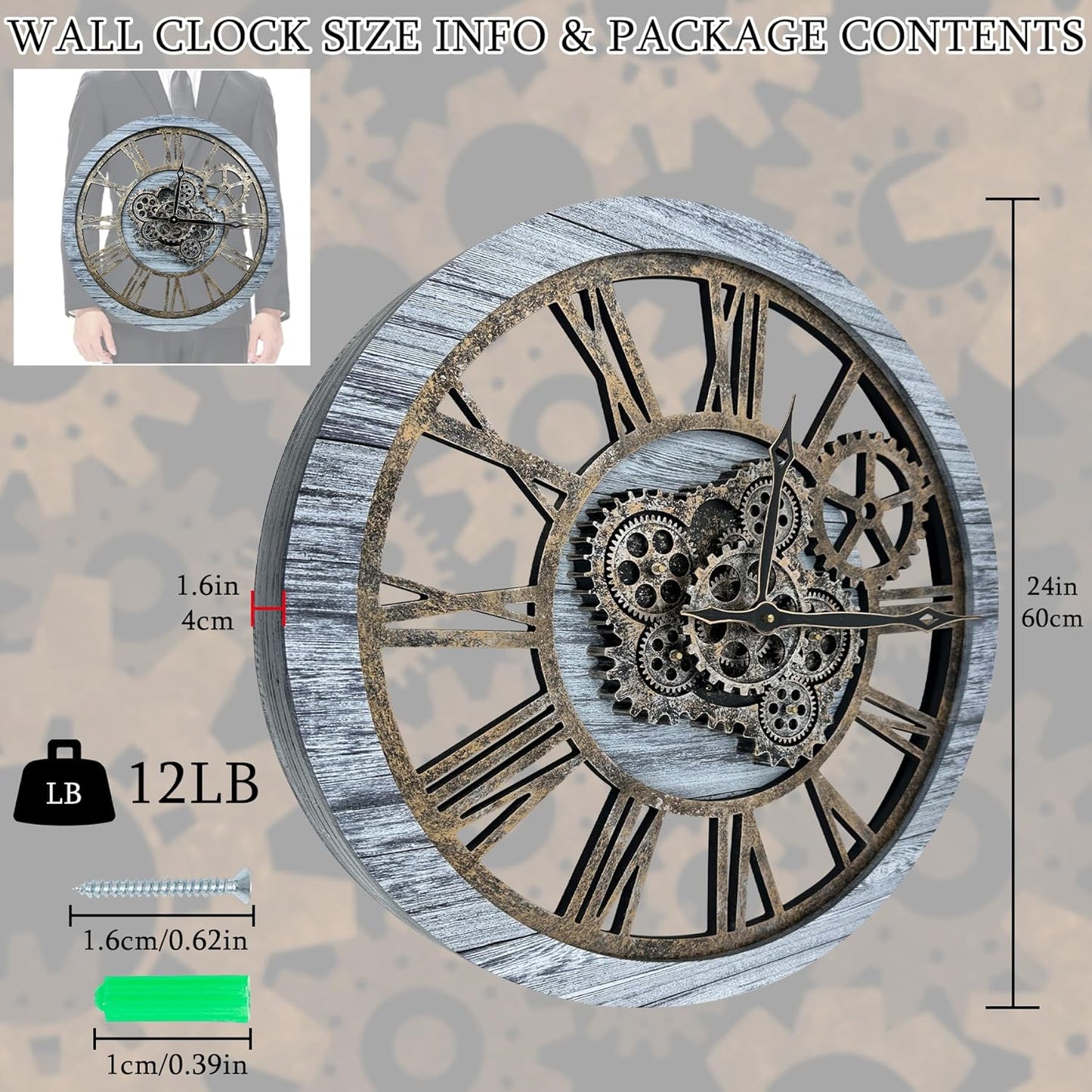 HOIBAI Large Wall Clock, Wall Clocks for Living Room Decor Farmhouse Vintage Rustic Kitchen Wall Decor Vintage Roman Big Oversized Wall Clock for Home Bedroom House Office, Moving Gears Clock