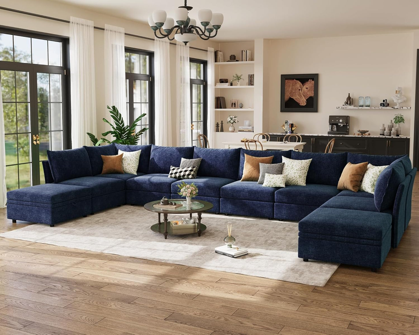 198.6" Oversized Modular Sectional Sofa, U Shaped Convertible Couch with Movable Ottoman, Large 10 Seats Corner Couches for Living Room Deep Seat Blue Chenille