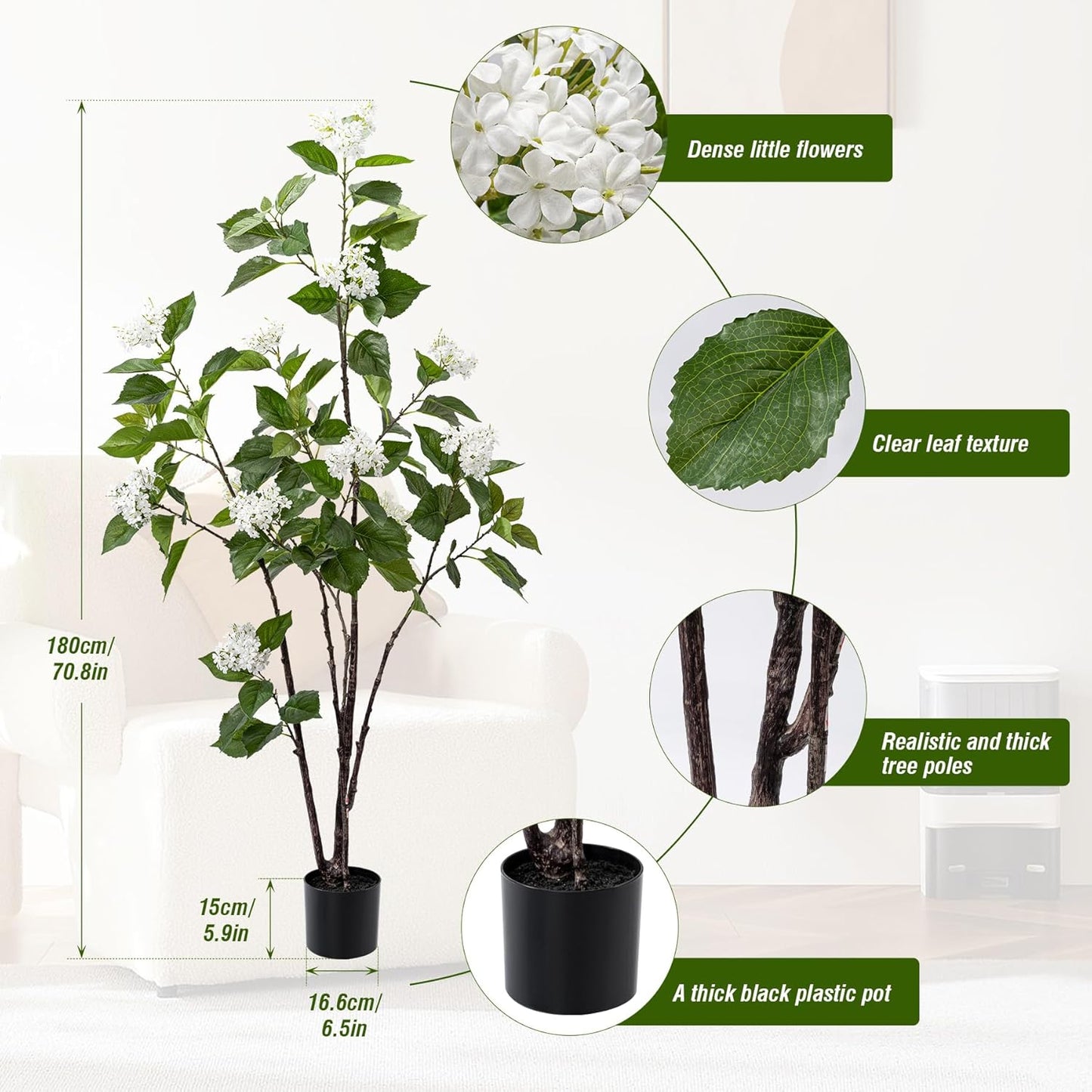 Fake Plants Home Decor Artificial Plants Outdoor Hydrangea Artificial Plants Indoor Fake Tree Living Room Decor Artificial Tree Porch Decor Fiddle Leaf Fig Tree 6Ft (White)