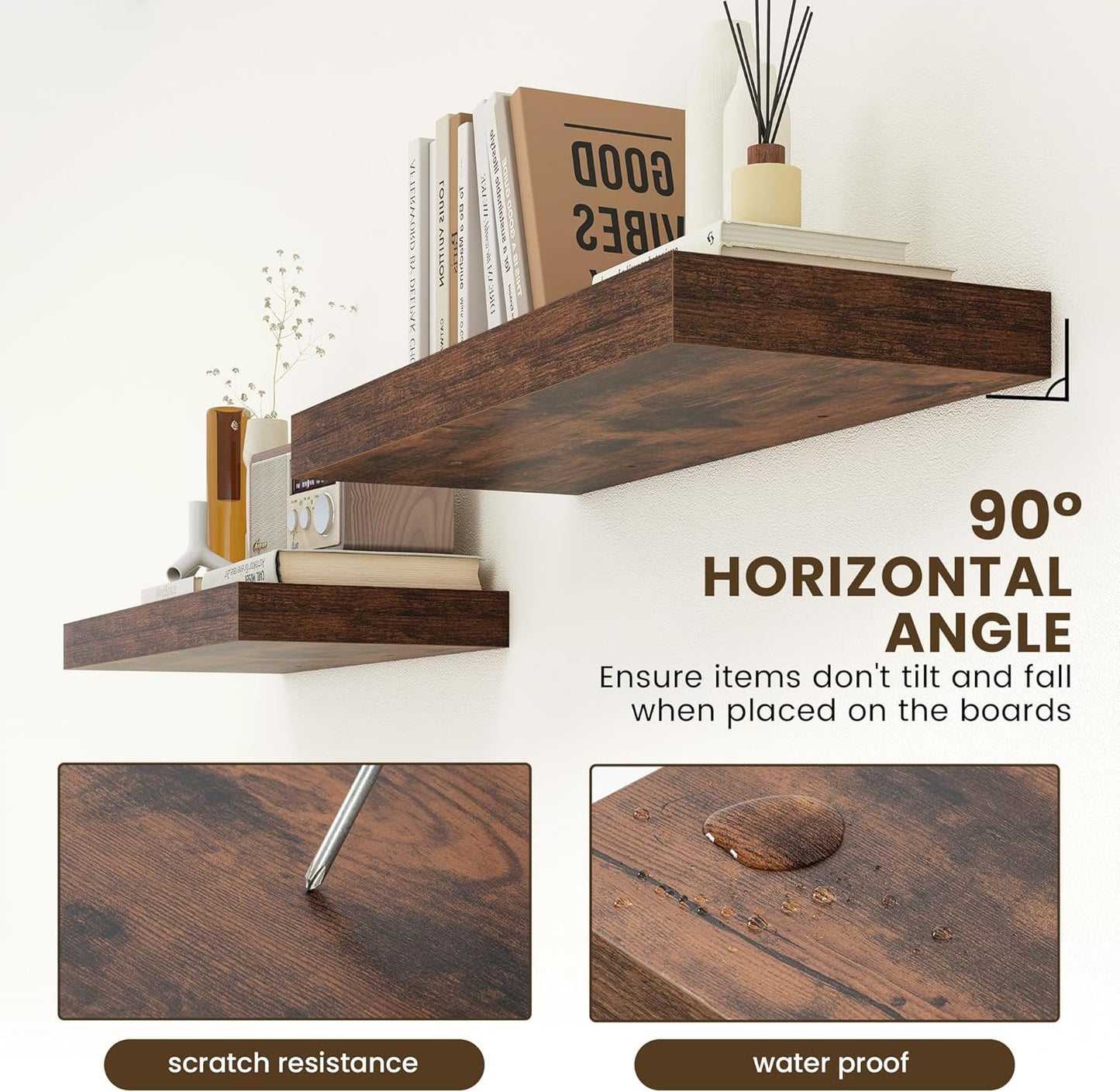 12 Inch Deep Floating Shelves for Wall | 30 Inch Floating Shelves Set of 2 | Rustic Wood Shelves for Living Room Bathroom Laundry Room Bedroom Kitchen Home Office - Rustic Brown