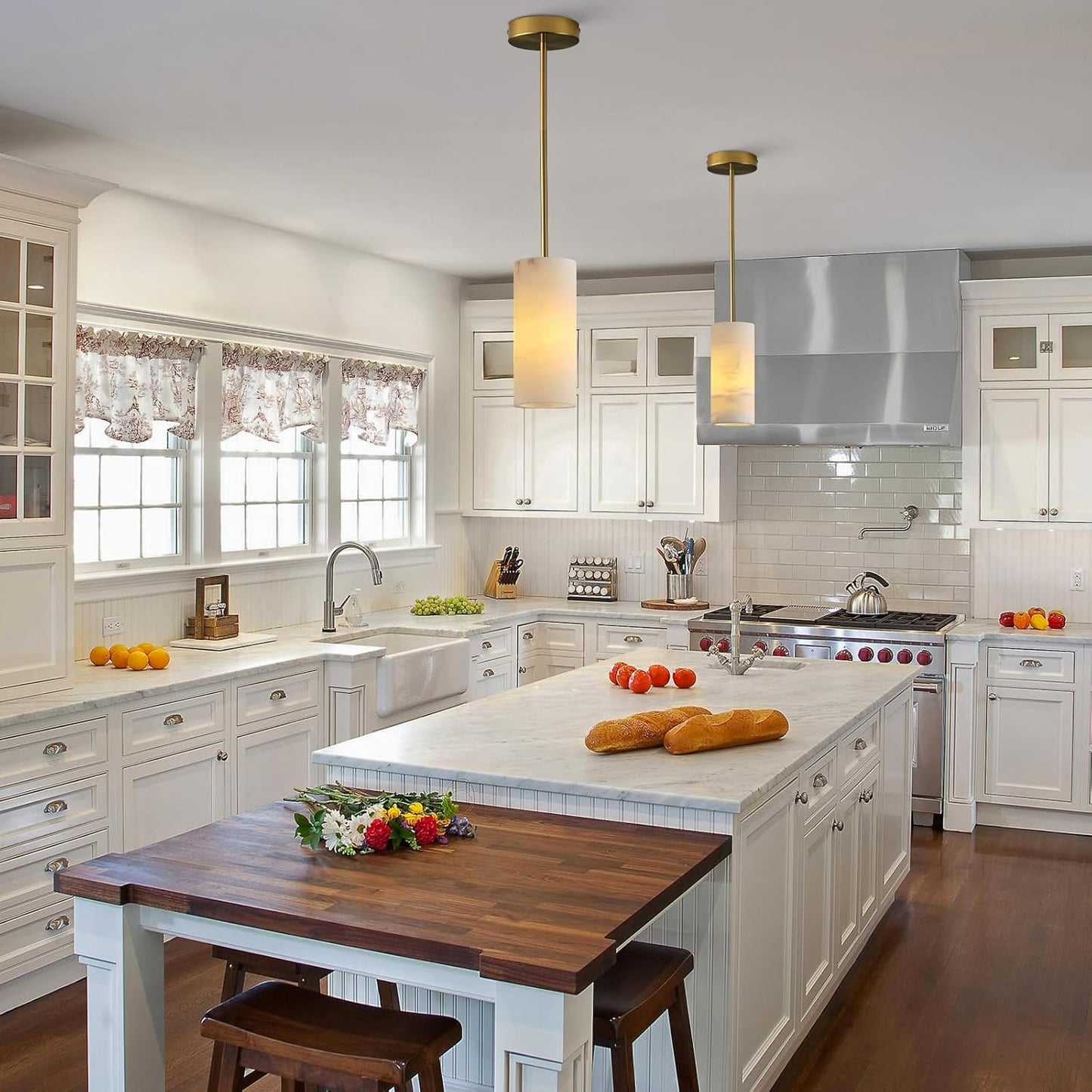 Alabaster Pendant Light Kitchen Island, H-9.5in Brass Pendant Light Fixtures with Natural Marble Shade, Adjustable Ceiling Pendant for Dining Room, Living Room, Bedroom & Bathroom