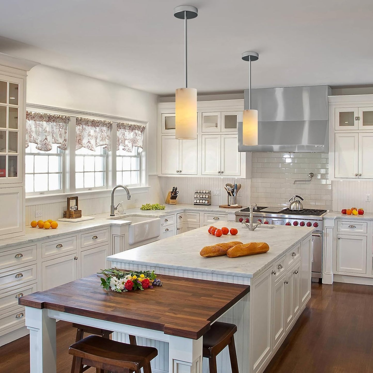 Alabaster Pendant Light Kitchen Island, H-9.5in Nickel Pendant Light Fixtures with Natural Marble Shade, Adjustable Ceiling Pendant for Dining Room, Living Room, Bedroom & Bathroom