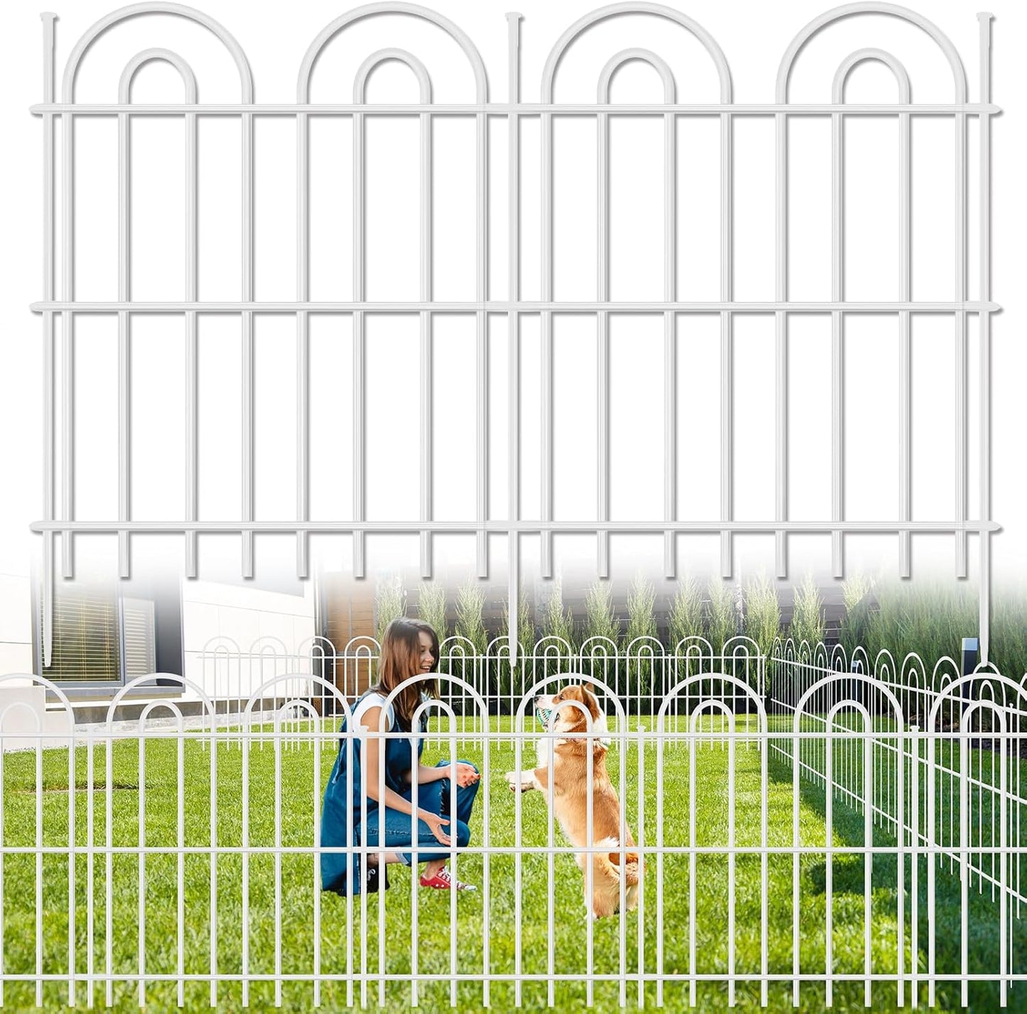 25 Panels Decorative Garden Fence, 32 in(H) X 50 ft(L) No Dig Dog Fence Outdoor for Yard, Rustproof Tall Metal Garden Fencing Animal Barrier with Ground Stakes, Temporary Fencing for Patio, White