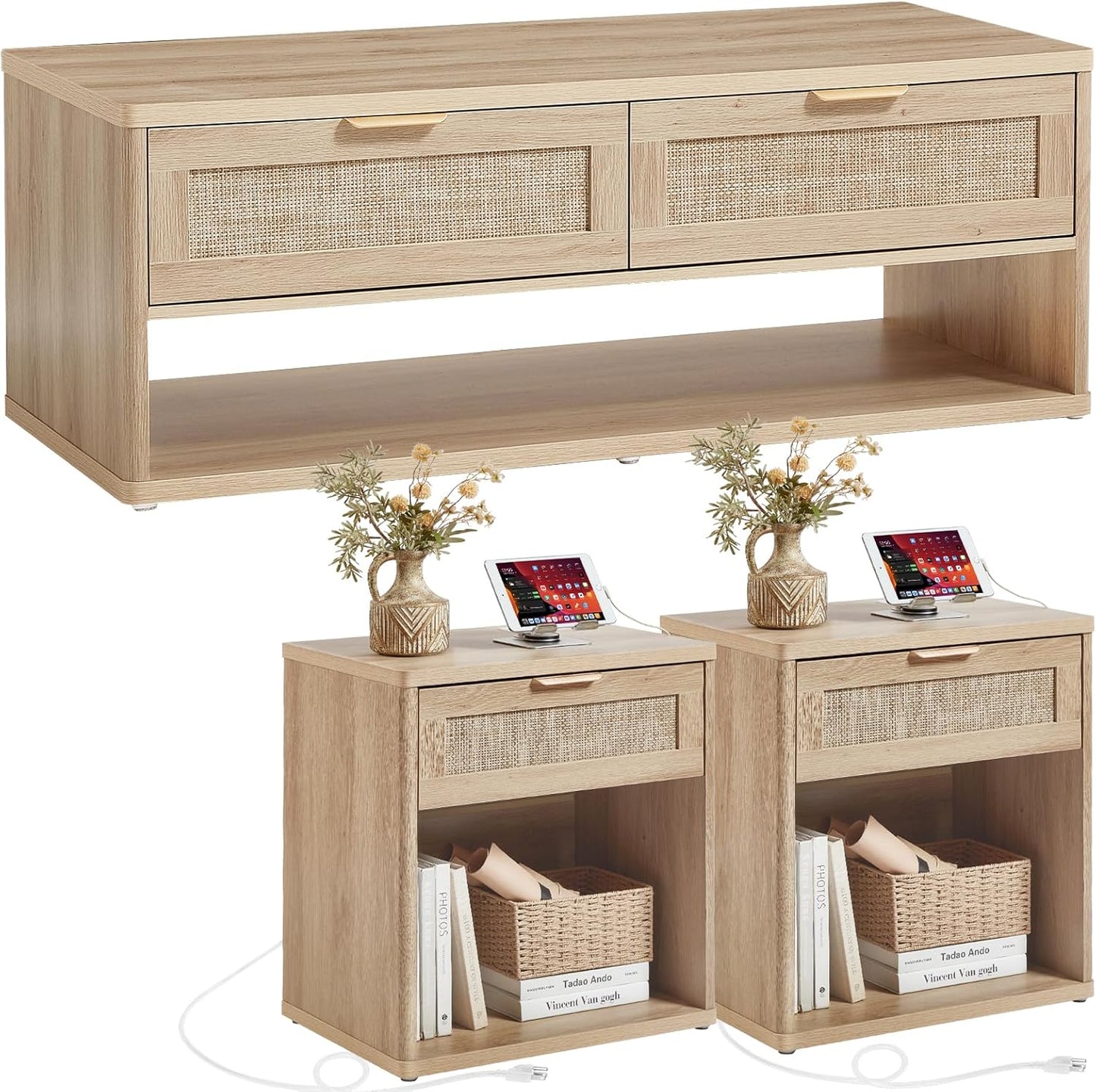 LEYAOYAO Boho Rattan Coffee Table Sets 3 Pieces, Nightstand with Charging Station and Coffee Table with Hidden Storage Compartment, Natural Living Room Table Set, Wood Furniture Sets for Home Office