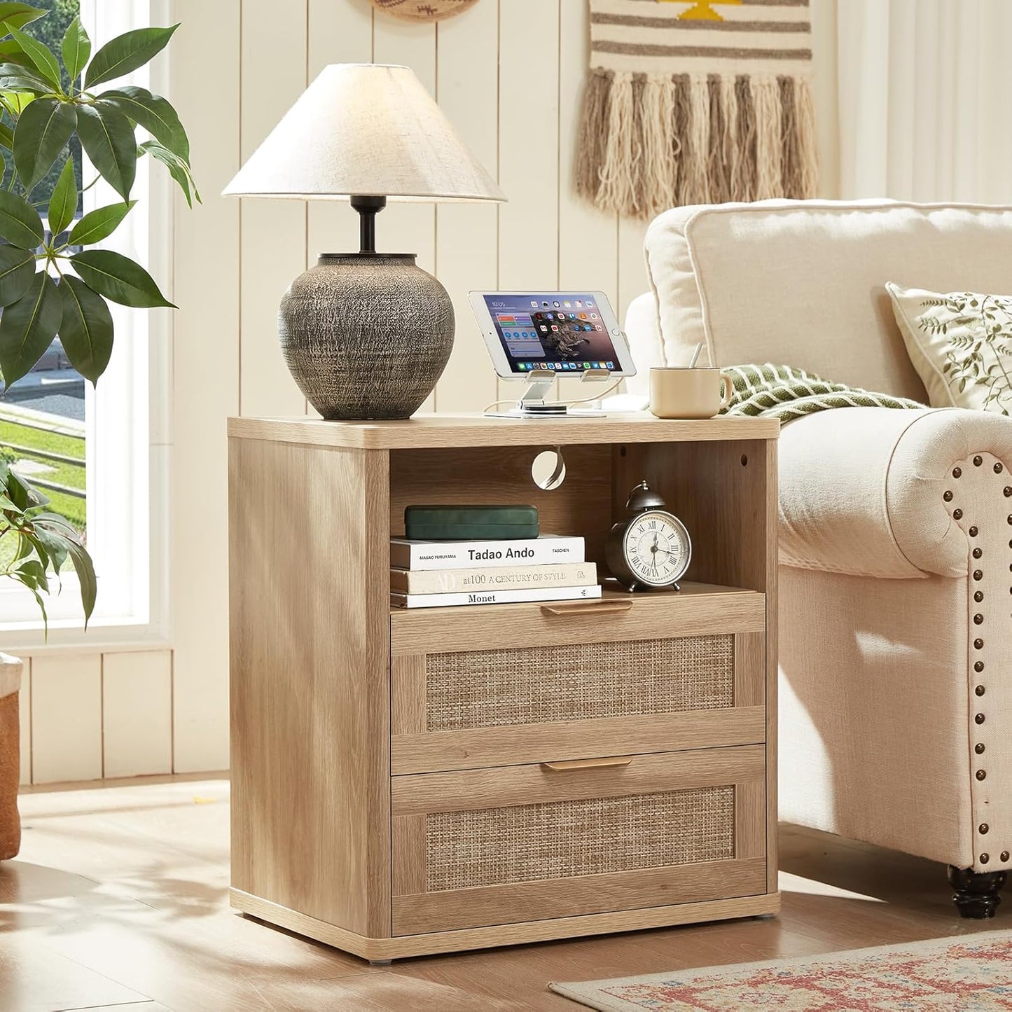 LEYAOYAO Boho Rattan Coffee Table and End Table Sets, 48" Wide Center Tables & 23" Night Stand with Charging Station Chest of Drawers, Natural Wood Coffee Table for Living Room 2 Piece Set