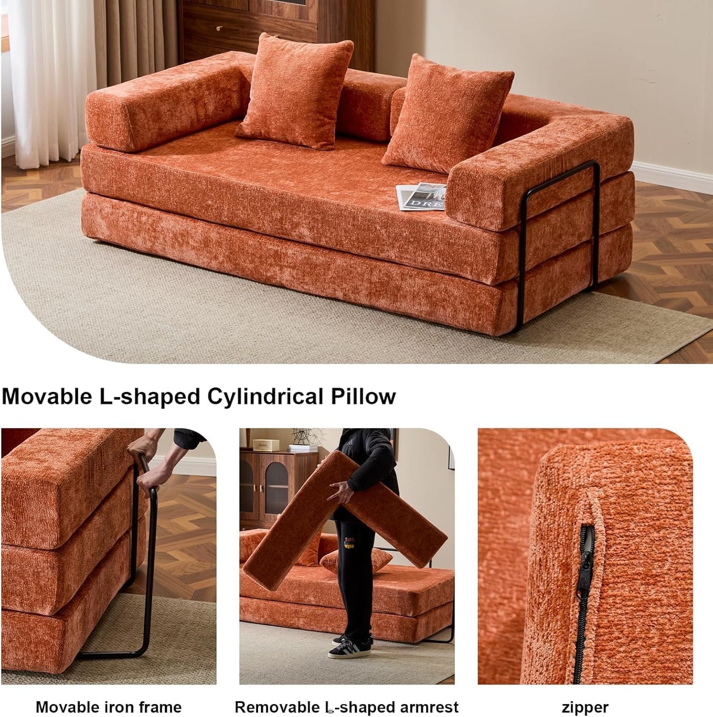 Convertible Sleeper Sofa Bed, Compression Folding Sofa with Pillow, No Assembly Required, Shape Frame, Floor Sofas Lounge Couch for Living Room, Bedroom, Small Spaces (Chenille, 77''W, Orange)