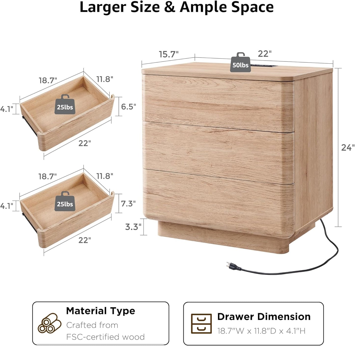 JXQTLINGMU 22" Modern Nightstand with Charging Station, Large Push-to-Open End Table, Wood Bedside Table w/Curved Profile Design, Handleless 3 Drawer Night Stand for Bedroom, Living Room, Natural Oak