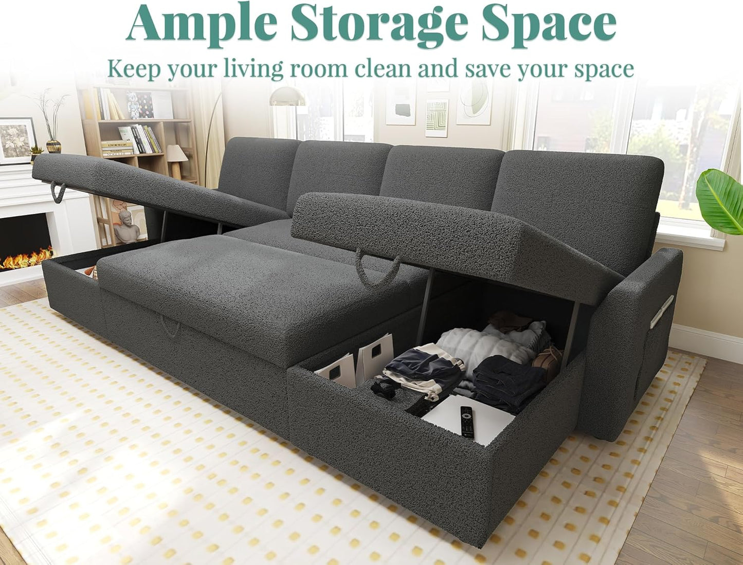 VanAcc Sleeper Sofa, 110 inch Oversize - 2 in 1 Pull Out Bed, Sectional Sleeper Sofa with Double Storage Chaise for Living Room, Grey Boucle Couch