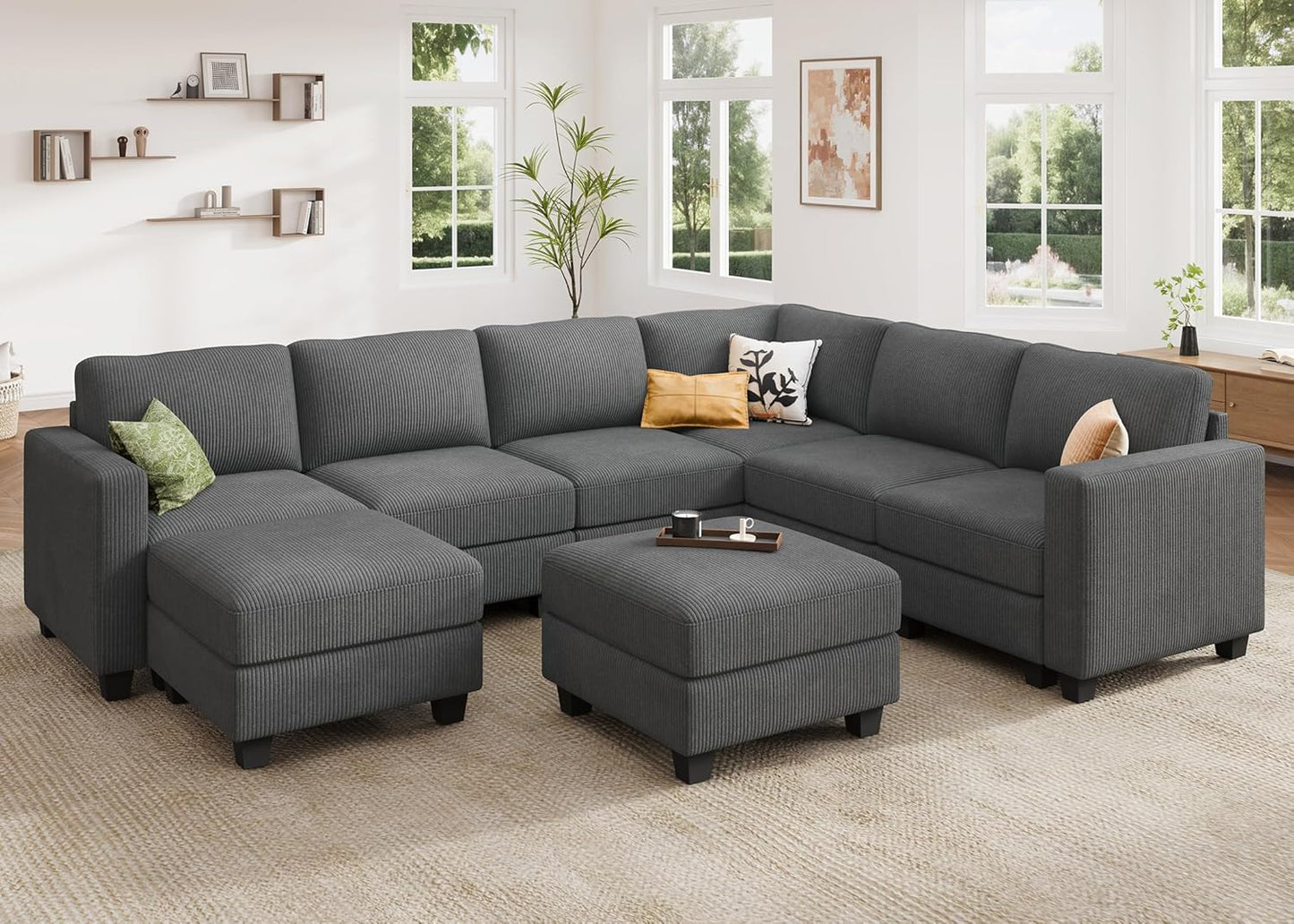 HONBAY Corduroy Sectional Couch with Storage U Shaped Sectional Sofa Modular Sectional Couches for Living Room, Dark Gray