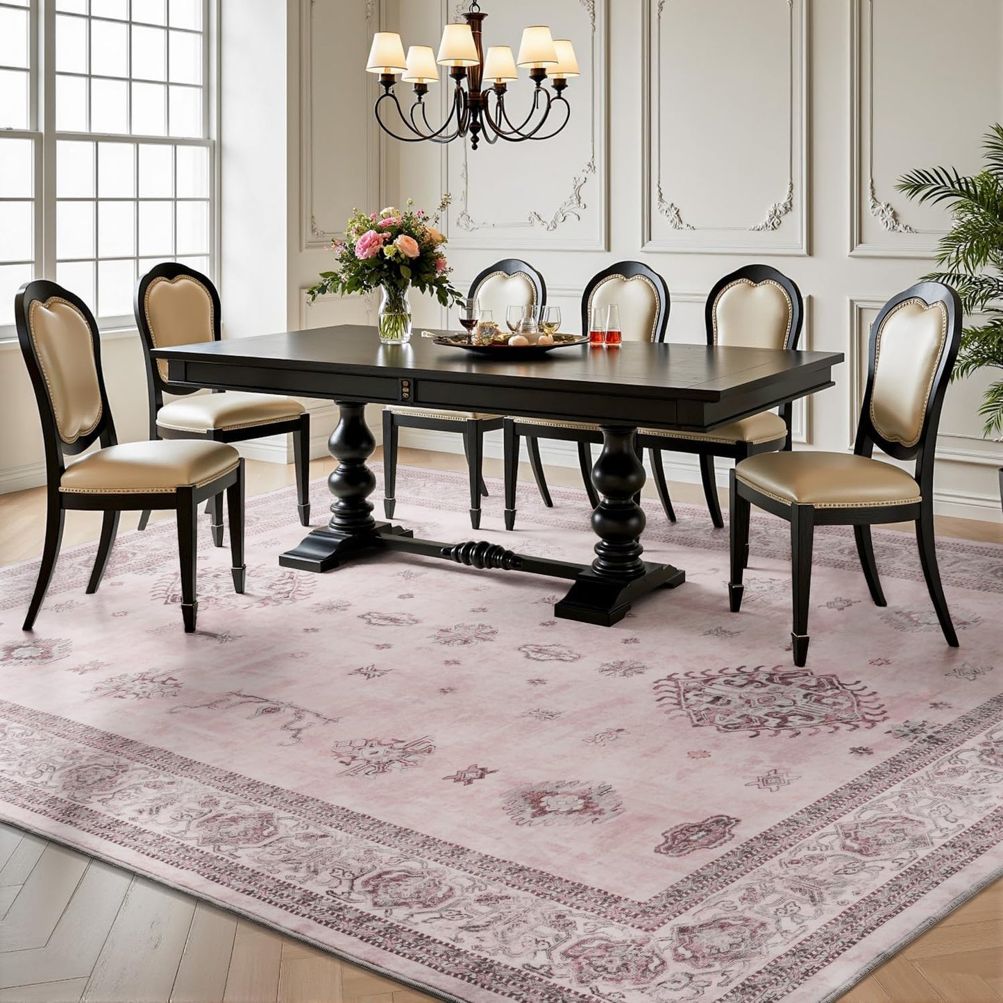 AMOAMI-Vintage Area Rug 6X9 Pink Rugs for Living Room-Soft Living Room Rug Non Slip Rugs for Bedroom Carpet Machine Washable Rug for Dining Room Bedside Office Room Decor