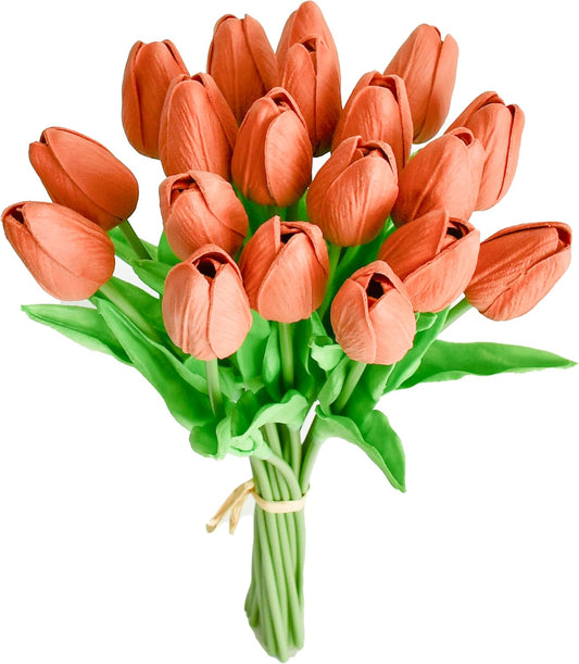 Mandy's Artificial Tulips 20 Stems Terracotta PU Faux Flowers for Wedding Home Decor 13.5 Inch