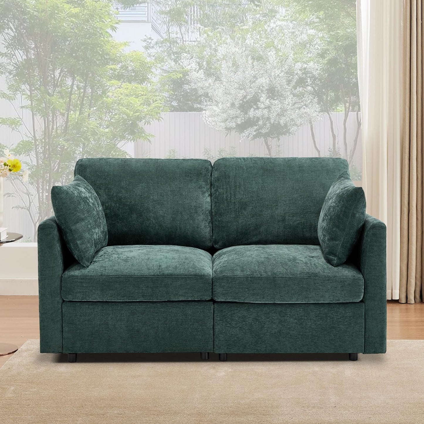 Tbfit 59" Loveseat Sofa, Chenille Small Sofa Couch, Love Seat with 2 Pillows for Small Space, Bedroom & Living Room, Green