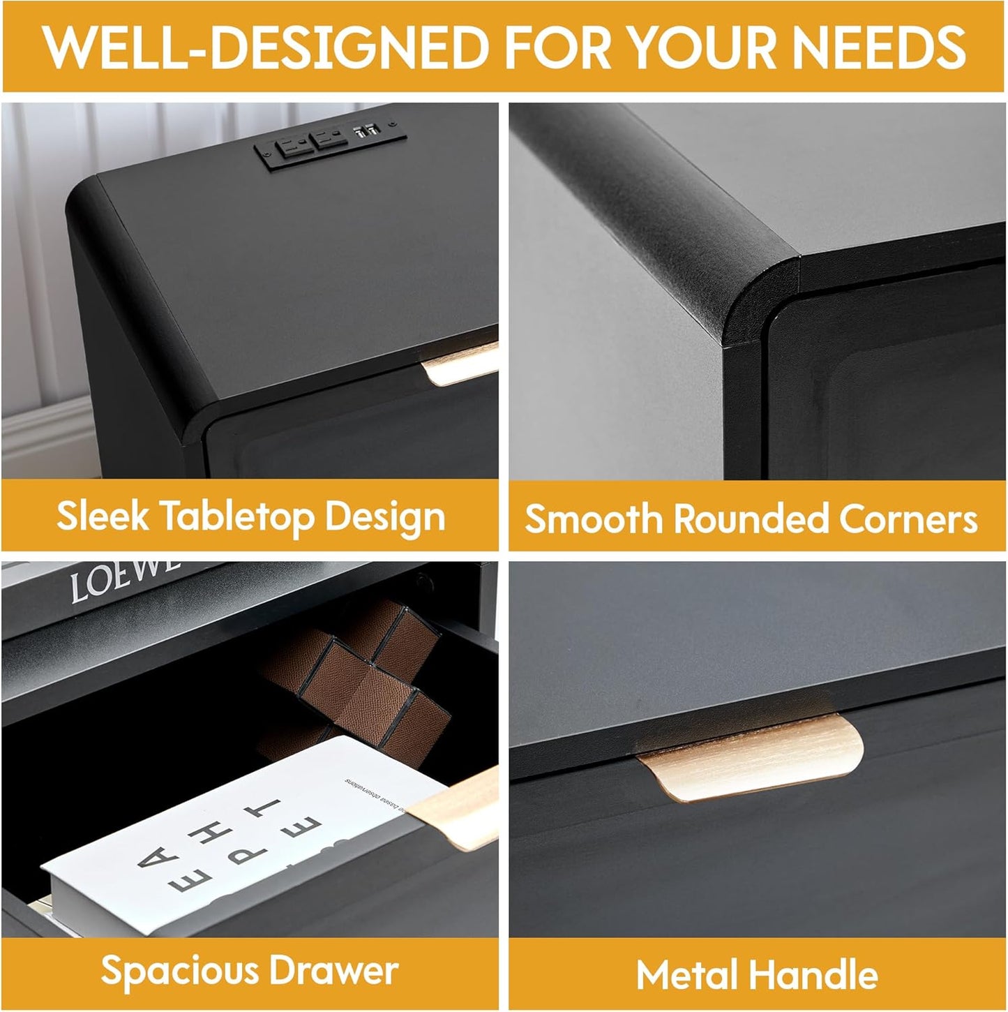 LEVNARY Nightstand with Charging Station, Mid-Century Modern Bedside Table with Curved Top Corners and Storage Drawer, Wooden End Table for Farmhouse Bedroom Living Room (1, Black)