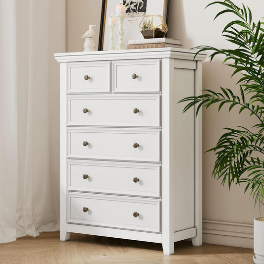 BLANKSPACE White Farmhouse Dresser, 6 Chest Drawer Dresser for Bedroom, Large Capacity Nightstand, Modern Tall Wood Cabinet for Bedroom, Living Room, Closets, Hallway