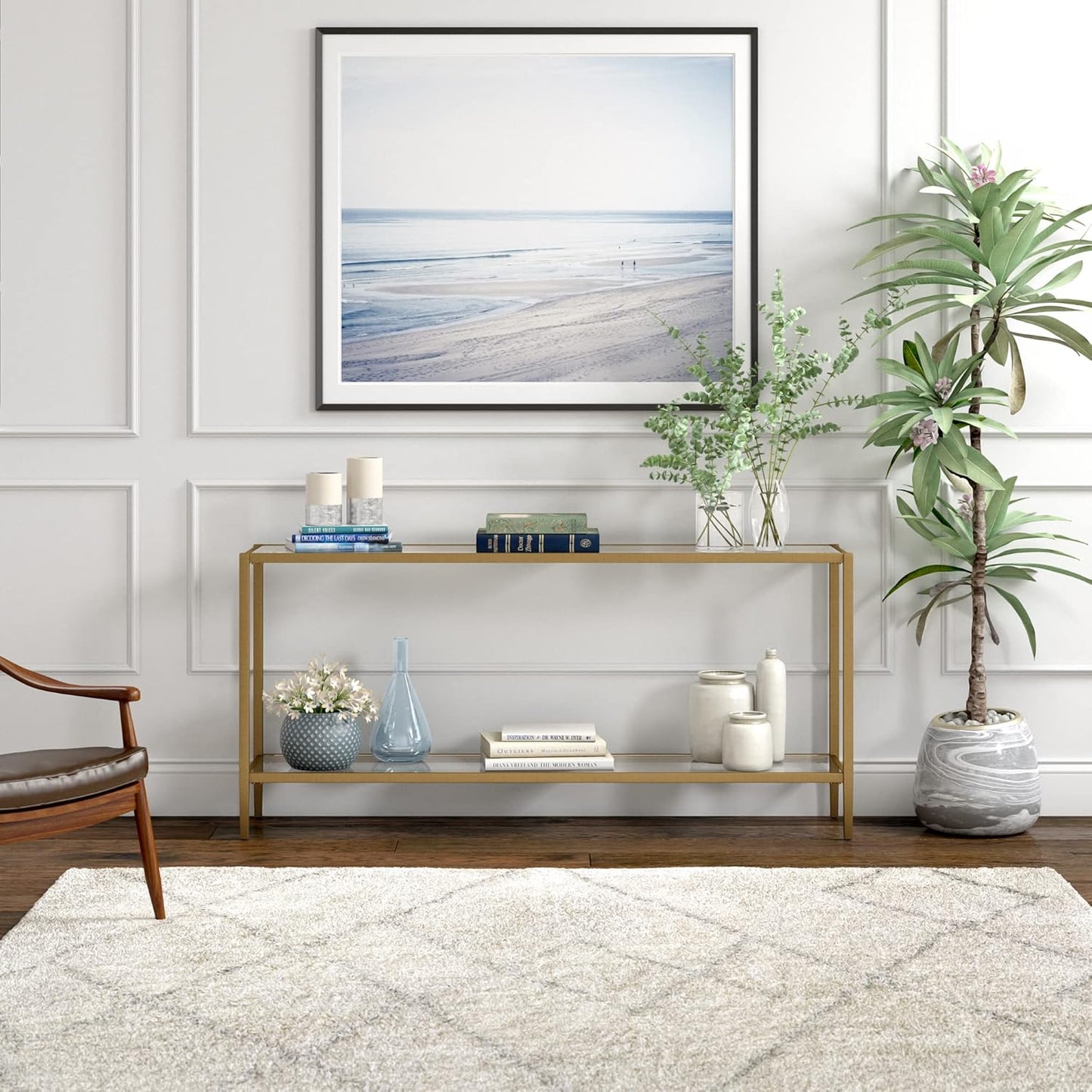 Henn&Hart 64" Wide Rectangular Console Table with Glass Shelf in Brushed Brass, Entryway Table, Accent Table for Living Room, Hallway