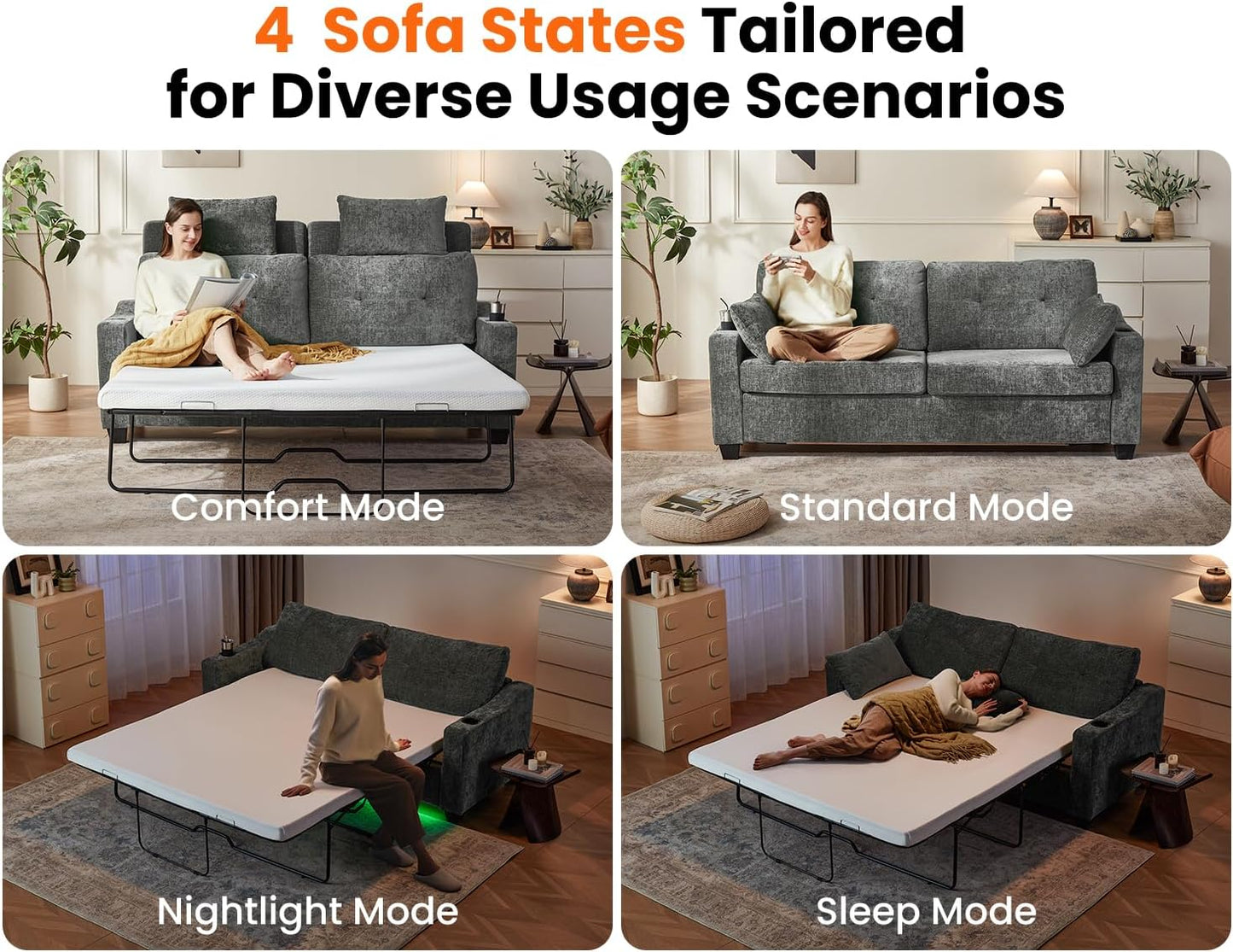 Pull Out Sofa Bed, Full Size Sleeper Sofa, 2-in-1 Convertible Corduroy Couch with USB Charging, Memory Form Couch for Living Room, Apartment and Small Space (Dark Grey, Chenille - Queen Size)