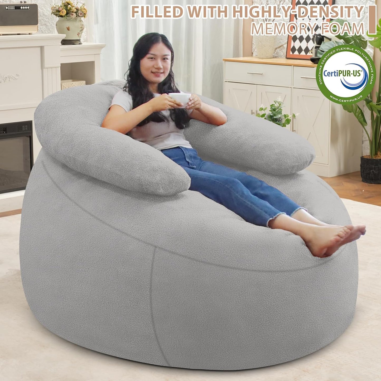 HABUTWAY Bean Bag Chair with U-Shaped Pillow for Adult and Kids Big BeanBag Chair with Filling Ultra Soft Teddy Fleece Couch Chair with Washable Cover for Living Room Bedroom, Light Grey & Light Grey