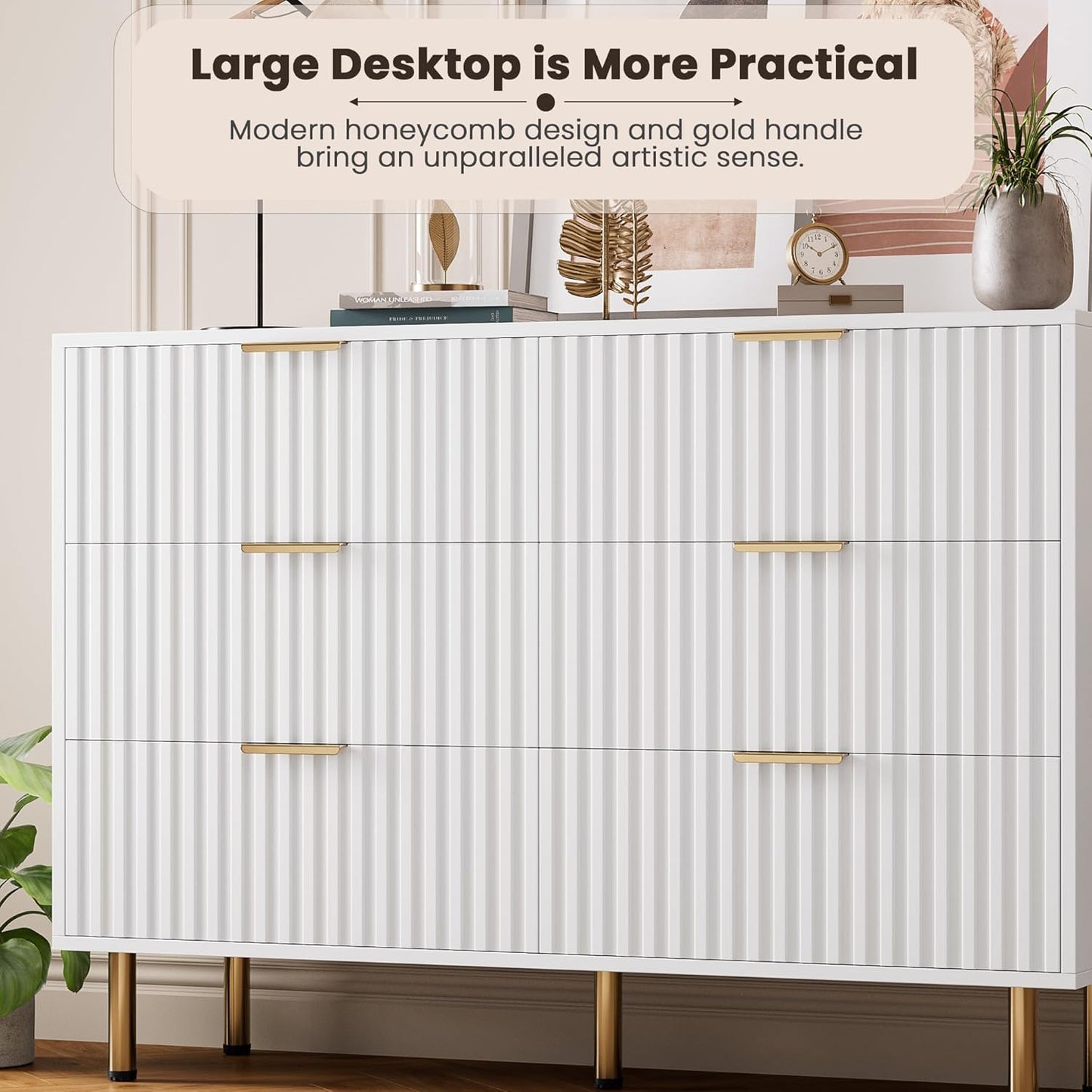 White 6 Drawer Dresser for Bedroom, Fluted 54" Wide Modern Chest of Drawers with Deep Drawers, Long Large Double Dresser TV Stand for Living Room, Hallway, Kids Room