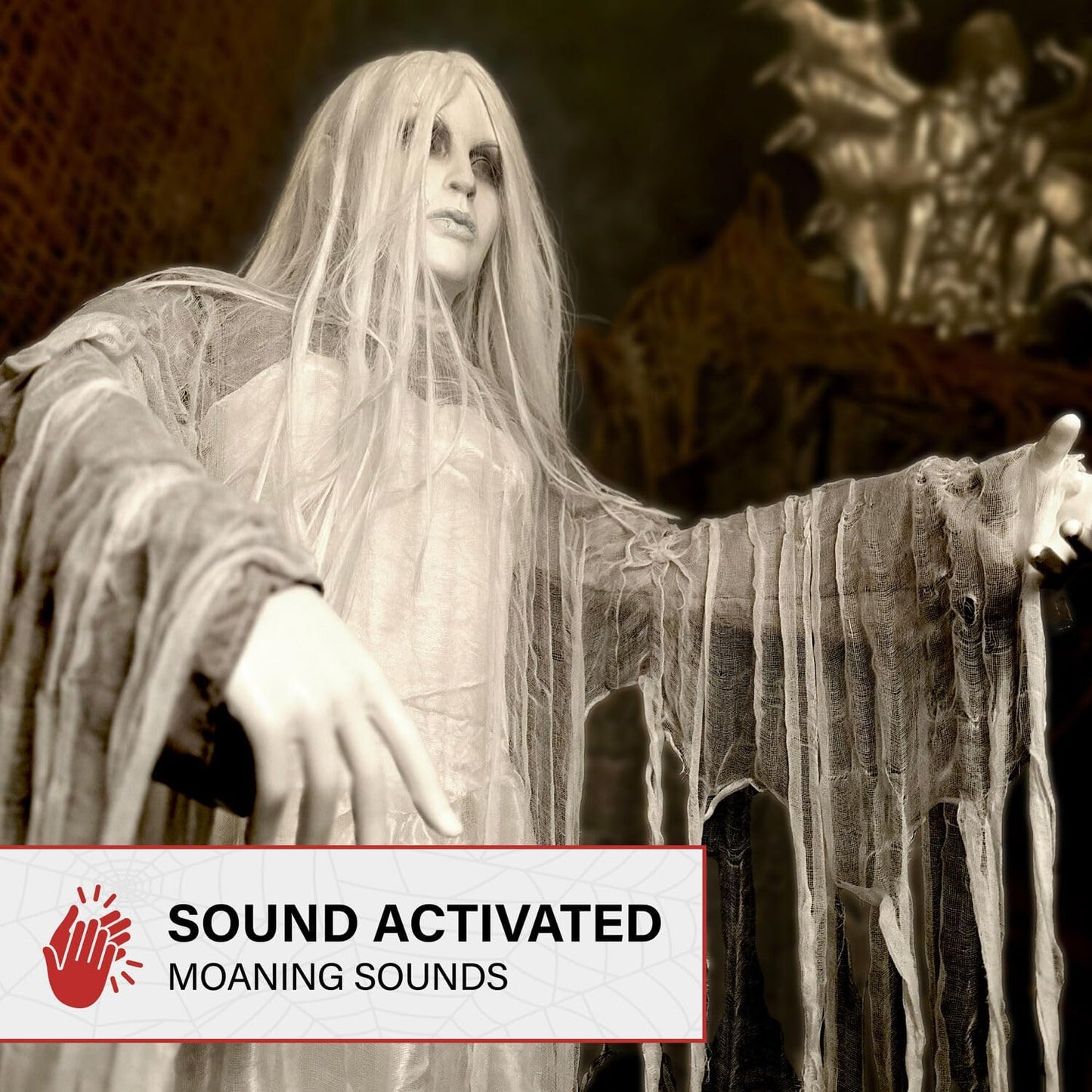 Haunted Hill Farm Rising Ghost Woman by Tekky, Battery-Operated, Sound Activated Animatronic with Sound Effects for Indoor or Covered Outdoor Creepy Halloween Decoration