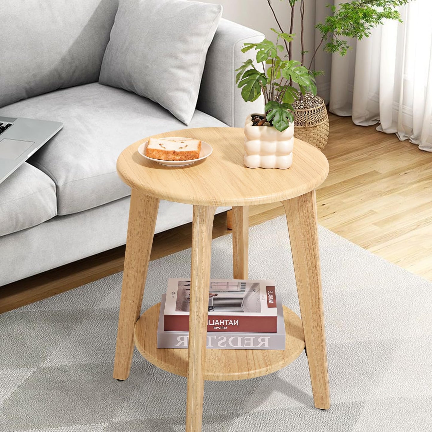 End Table Small Round Side Table with 2 Storage Shelves Walnut End Tables Accent Sofa Bedside Table Modern Night Stand for Living Room Bedroom Small Spaces