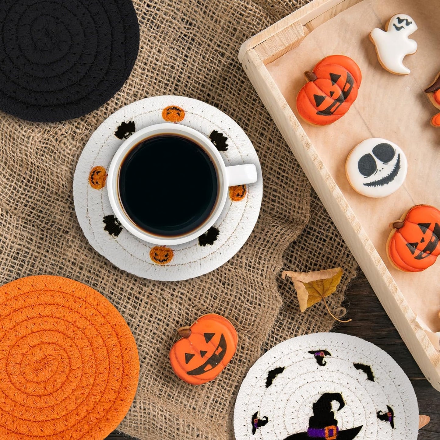 Whaline 4 Pack Halloween Handmade Braided Drink Coasters Black Orange Pumpkins Witch Hats Absorbent Cotton Cup Coasters Heat Resistant Cup Mats for Halloween Home Kitchen Office Table Decor, 4.3 Inch