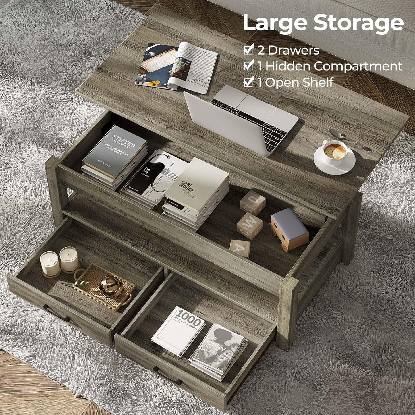 Rolanstar Coffee Table, 47.2" Lift Top Coffee Table with Drawers and Hidden Compartment, Retro Central Table with Wooden Lift Tabletop, for Living Room, Washed Oak