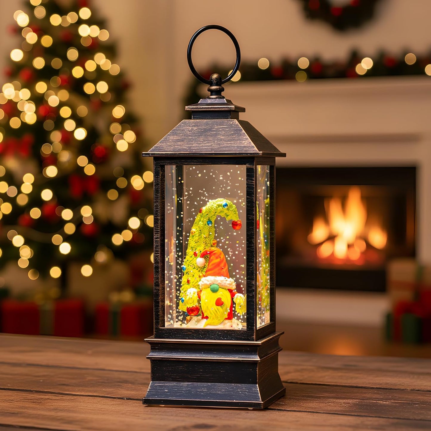 10'' Christmas Gnomes Snow Globe Lantern Lighted Santa Elf Musical Water Lantern Swirling Glittering Home Decoration and Gift, Battery Operated or USB Powered