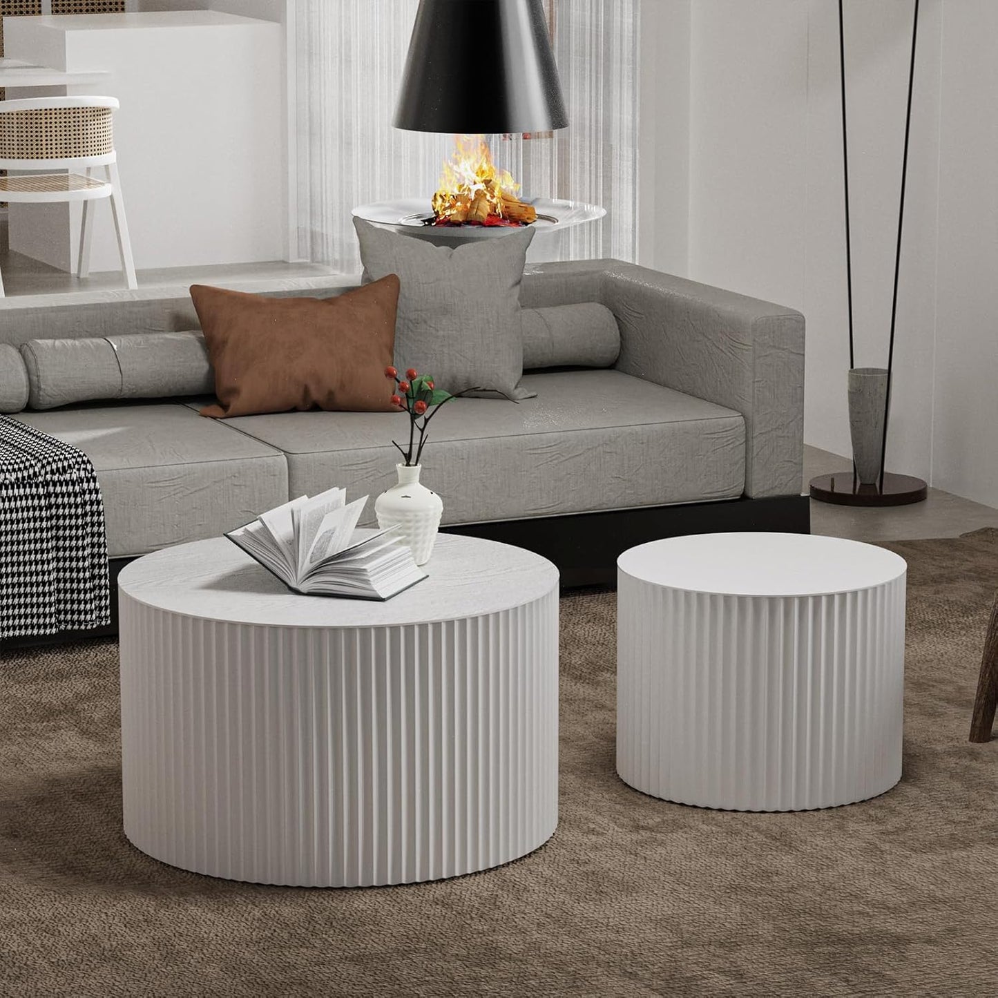 Round Nesting Coffee Table, Drum Wood Coffee Table Set of 2 White, Modern Fluted Nesting Tables Circle Center Table 2 Piece for Small Spaces Living Room Bedroom Balcony Office, No Assembling
