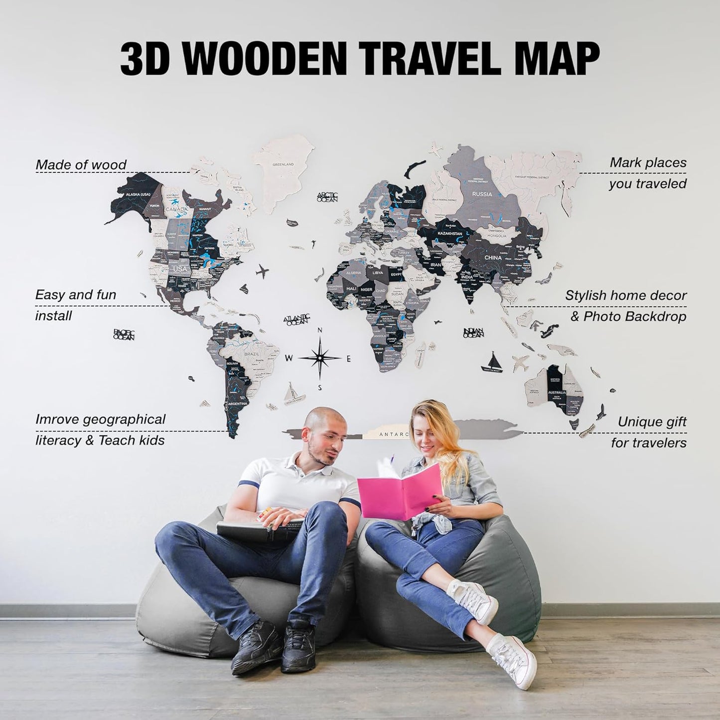 Handmade 3D Wood World Map Wall Art Large Wall Decor Track Your World Travels - Special For Home, Kitchen And Office (X-Large, Nordik)