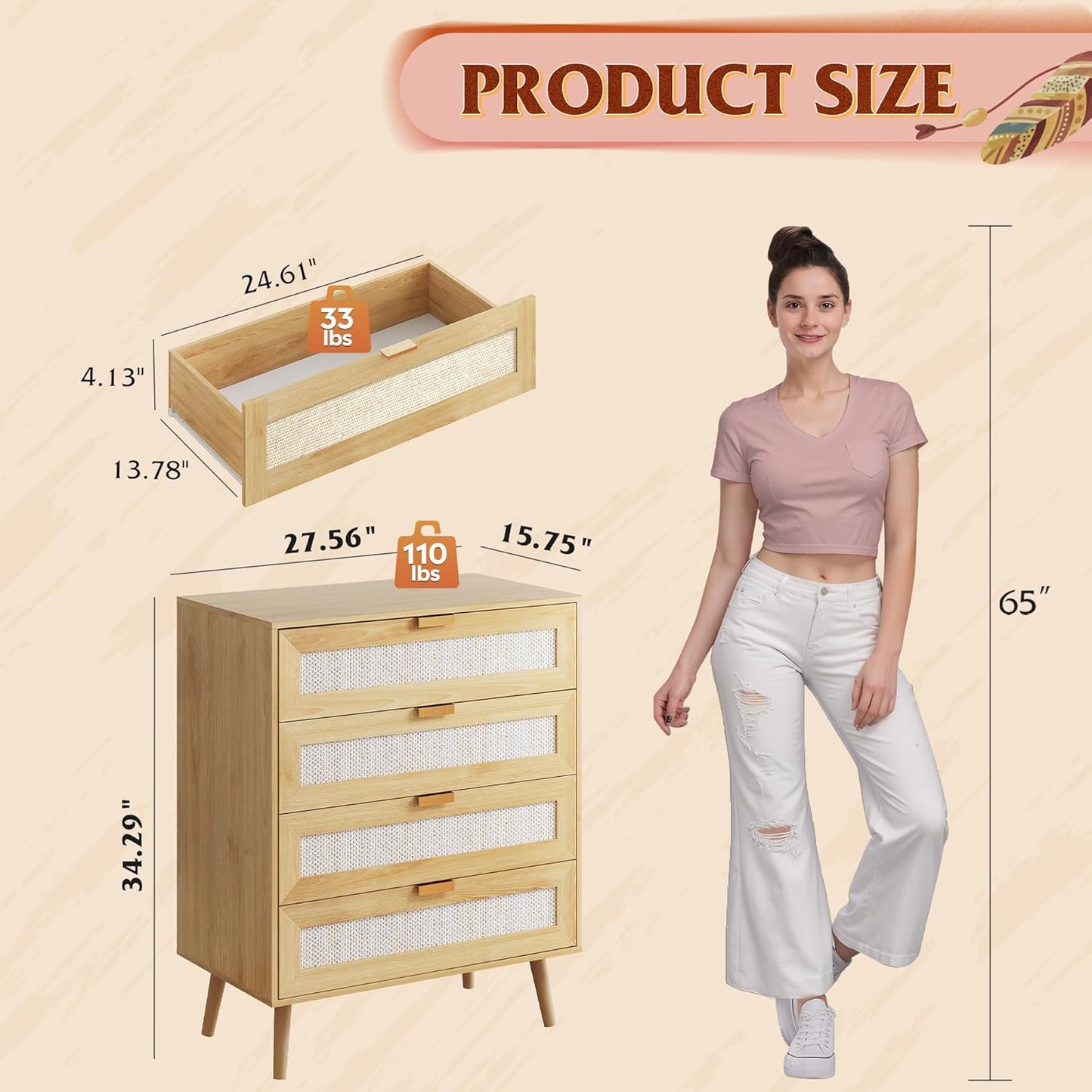 WLIVE Rattan Dresser for Bedroom, 4 Drawer Wood Boho Dresser Storage with Gold Metal Handle, Chest of Drawers for Living Room, Closet, Hallway, Light Oak